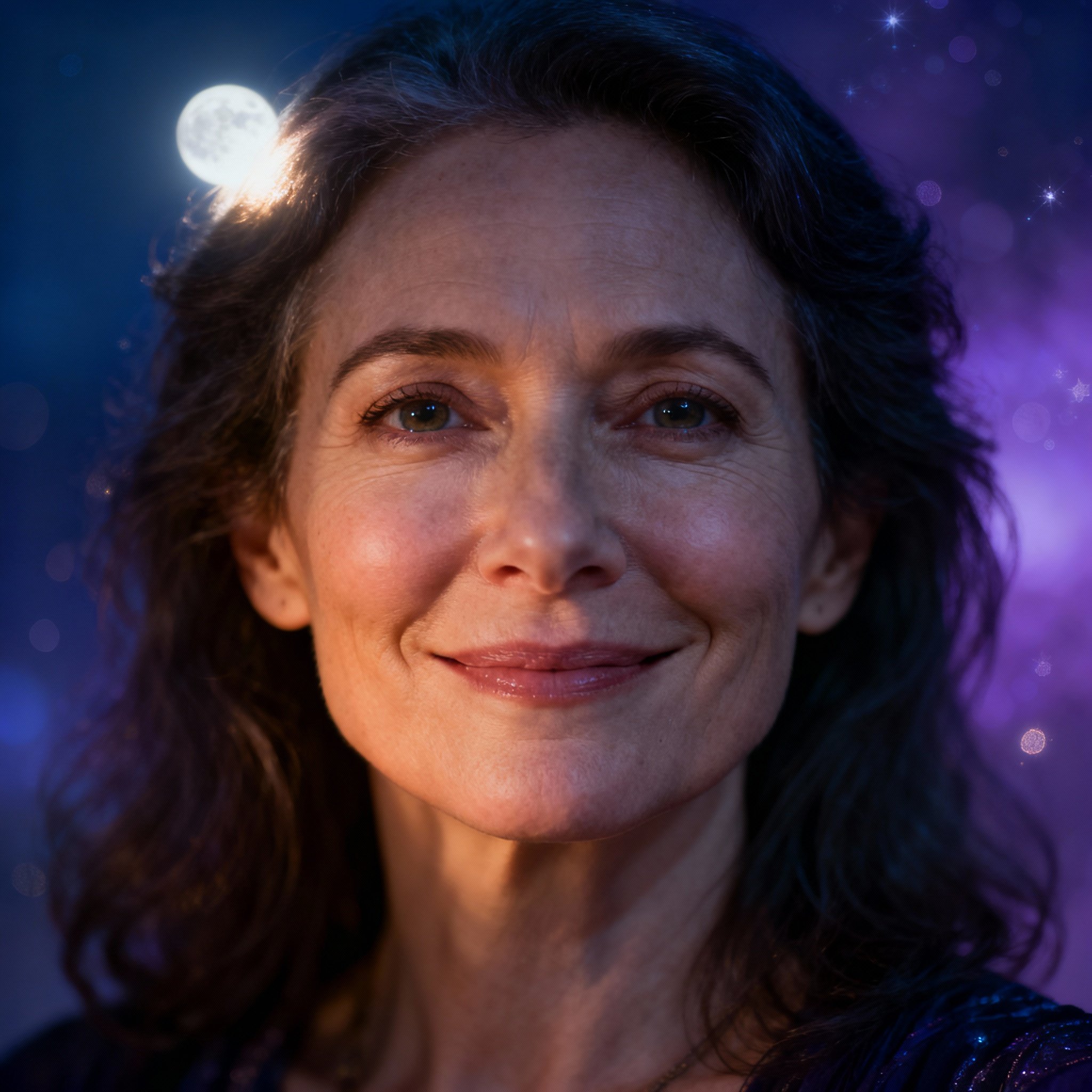 A close-up portrait of psychic Indigo Moon, featuring a warm smile and empathetic, wise eyes. The background is a soft blend of indigo and violet, creating a sense of trust and mystique.