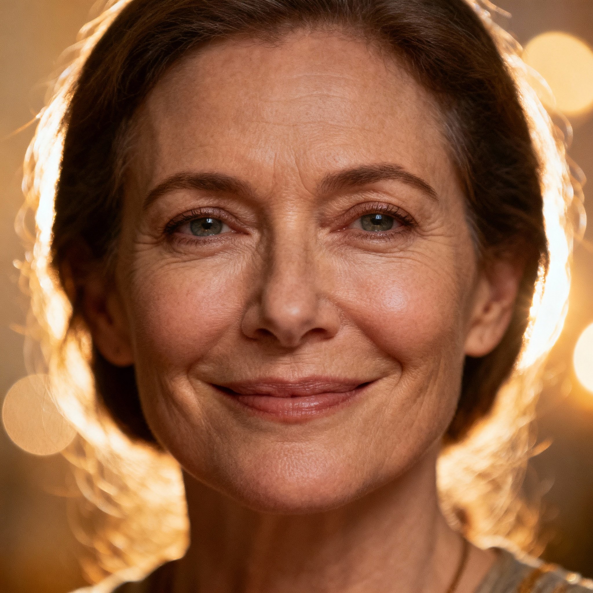 A close-up portrait of a warm, compassionate middle-aged female psychic. She has kind eyes and a gentle smile, with a soft, glowing light in the background, conveying a sense of trustworthiness and comfort.