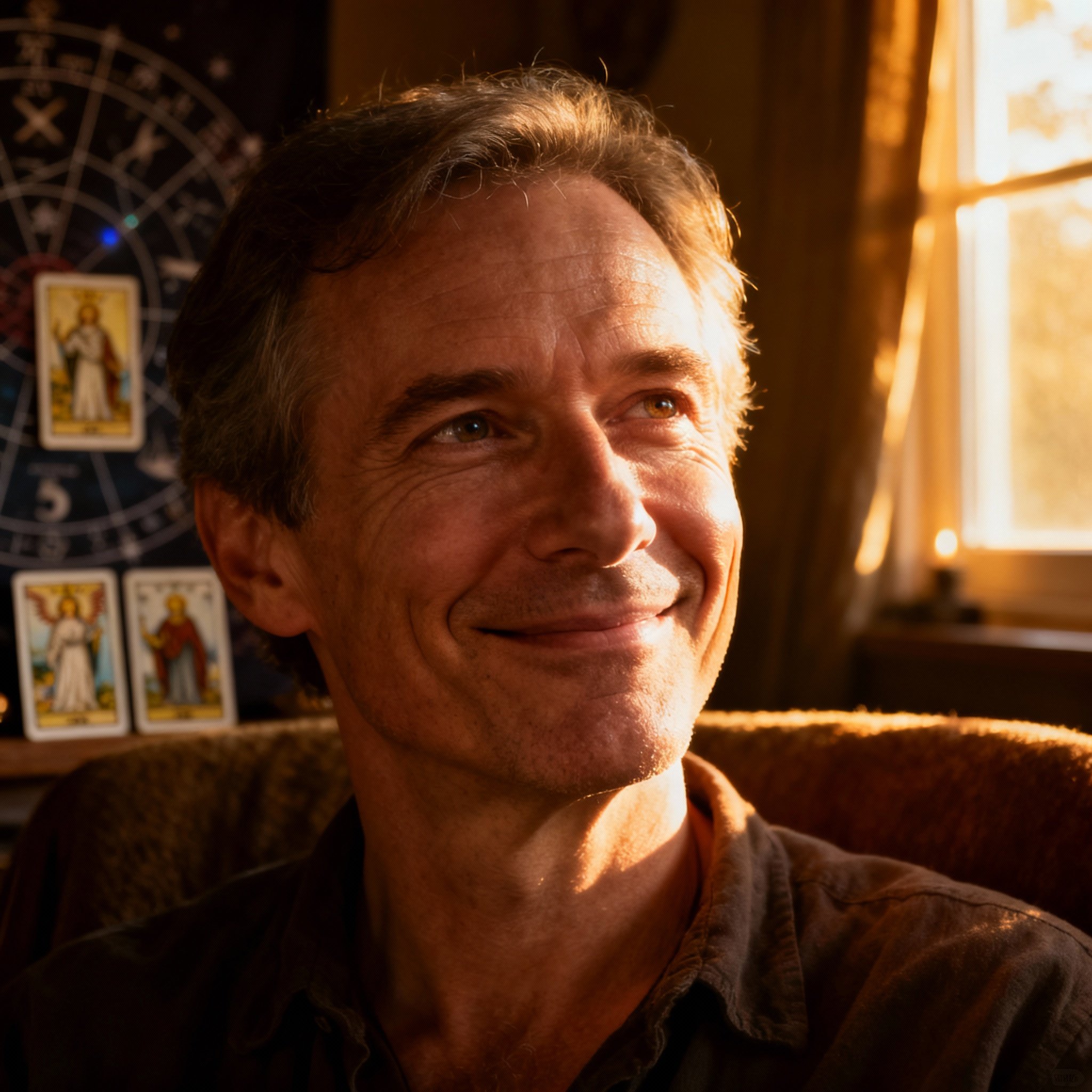 A close-up portrait of a middle-aged male psychic, Nikolay, with a gentle gaze and a warm smile. The background features soft light and mystical symbols, creating an atmosphere of trustworthiness and wisdom.