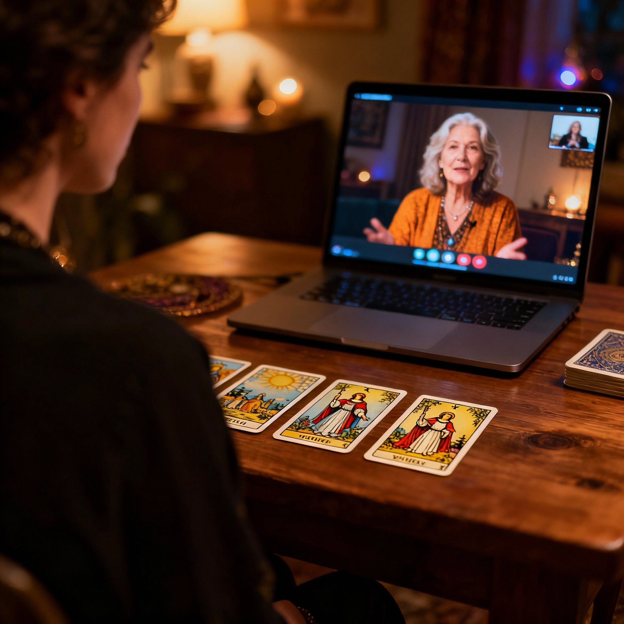 A view from behind a client who is having a video call with Madame Dorothy on a laptop, with tarot cards laid out on the table, conveying a sense of insight and relief.