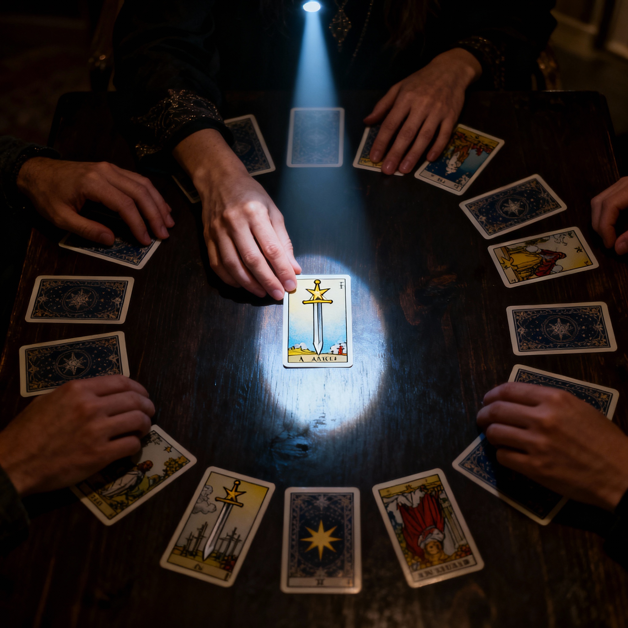 A client's point-of-view shot of a psychic's hands interpreting tarot cards on a wooden table, with a focused beam of light illuminating the cards, symbolizing clarity breaking through confusion.