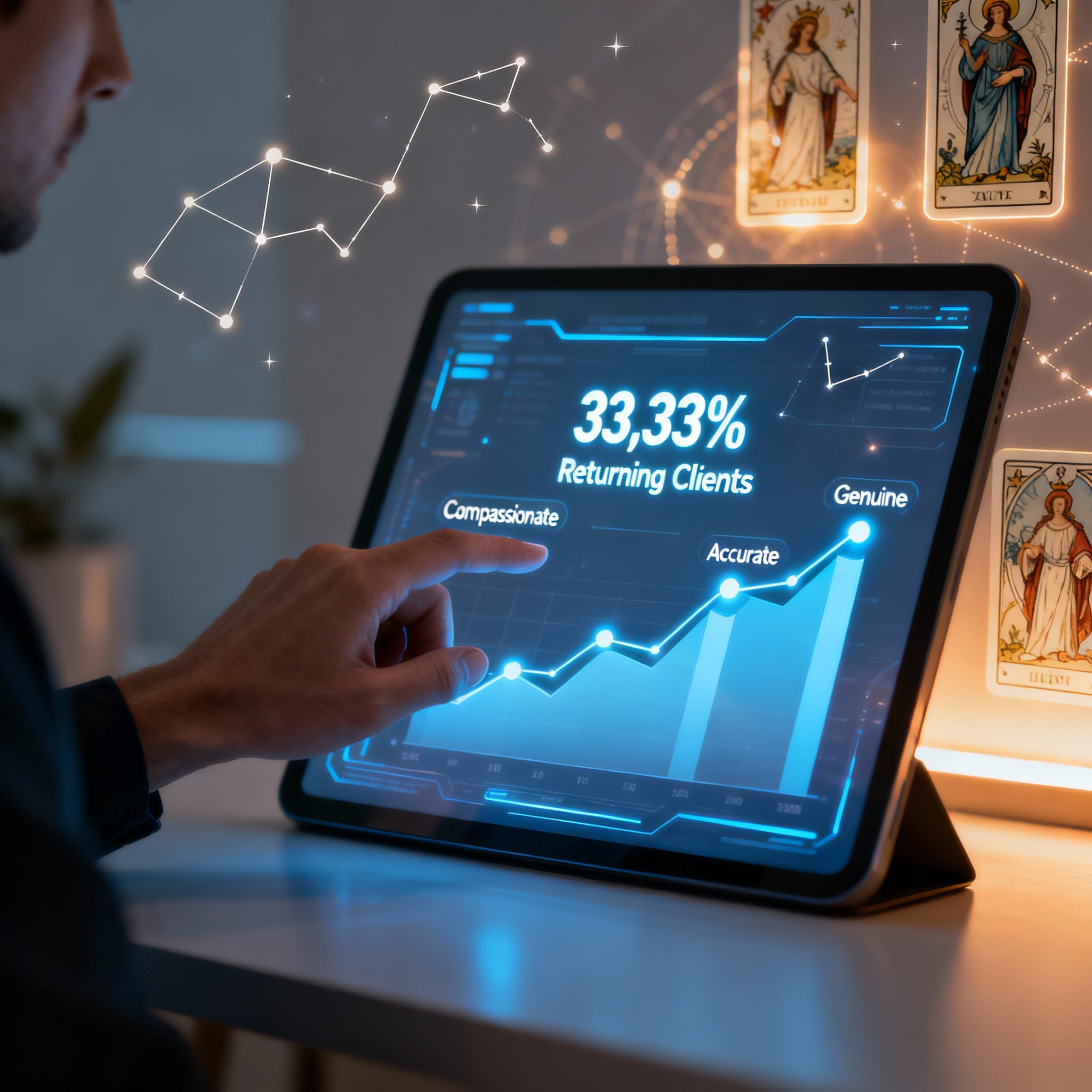 A conceptual image of a consultation interaction, where a hand points to data charts and user reviews on a screen. The chart highlights a 33% client loyalty rate, with blurred tarot cards and astrological symbols in the background, symbolizing the blend of data analysis and psychic insight.