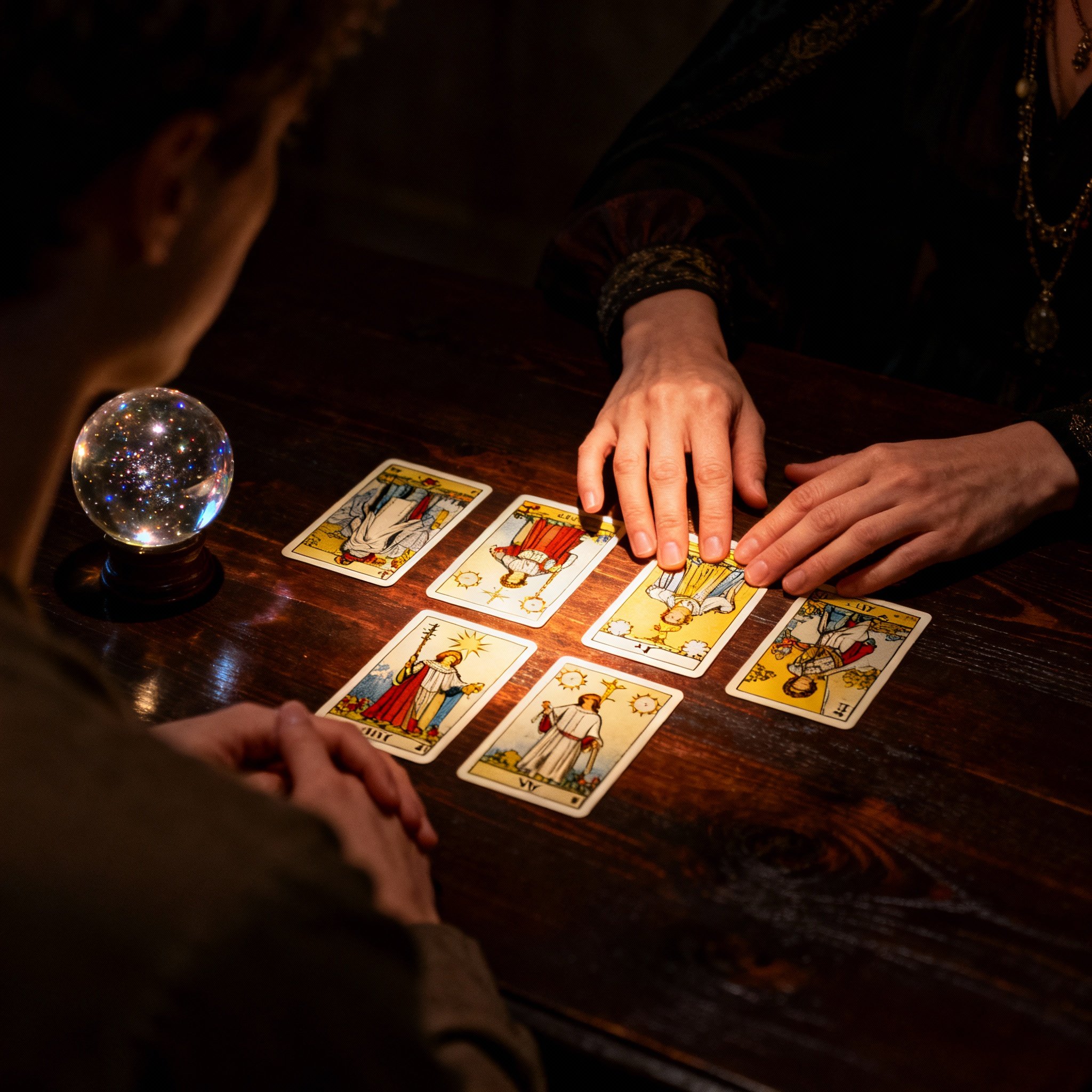 An over-the-shoulder view of the advisor interpreting laid-out Tarot cards for a client. Light focuses on the cards and her hands, with a crystal ball also on the table, creating an atmosphere of concentration and mystery.