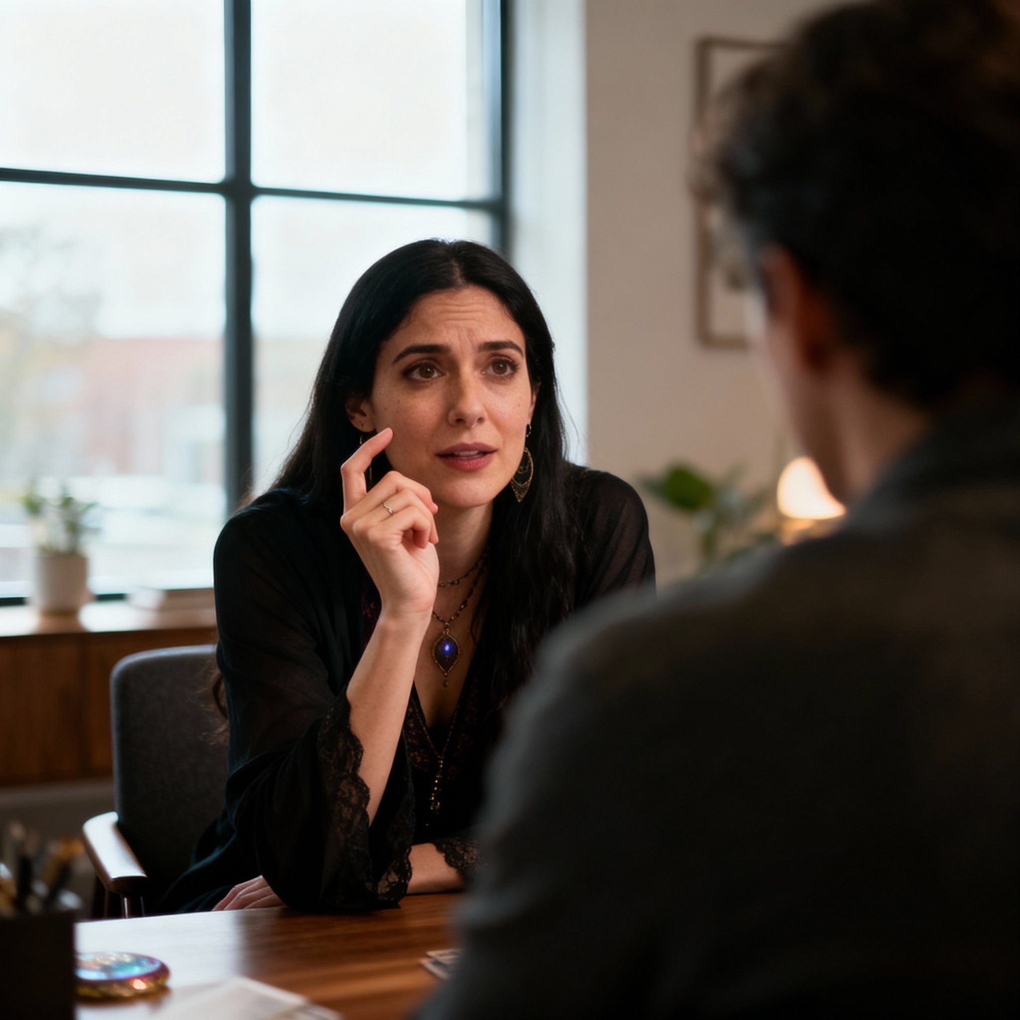 An over-the-shoulder view of a psychic engaged in an empathetic dialogue with a client. She is listening intently and gesturing to explain, creating a scene of support and clarity.