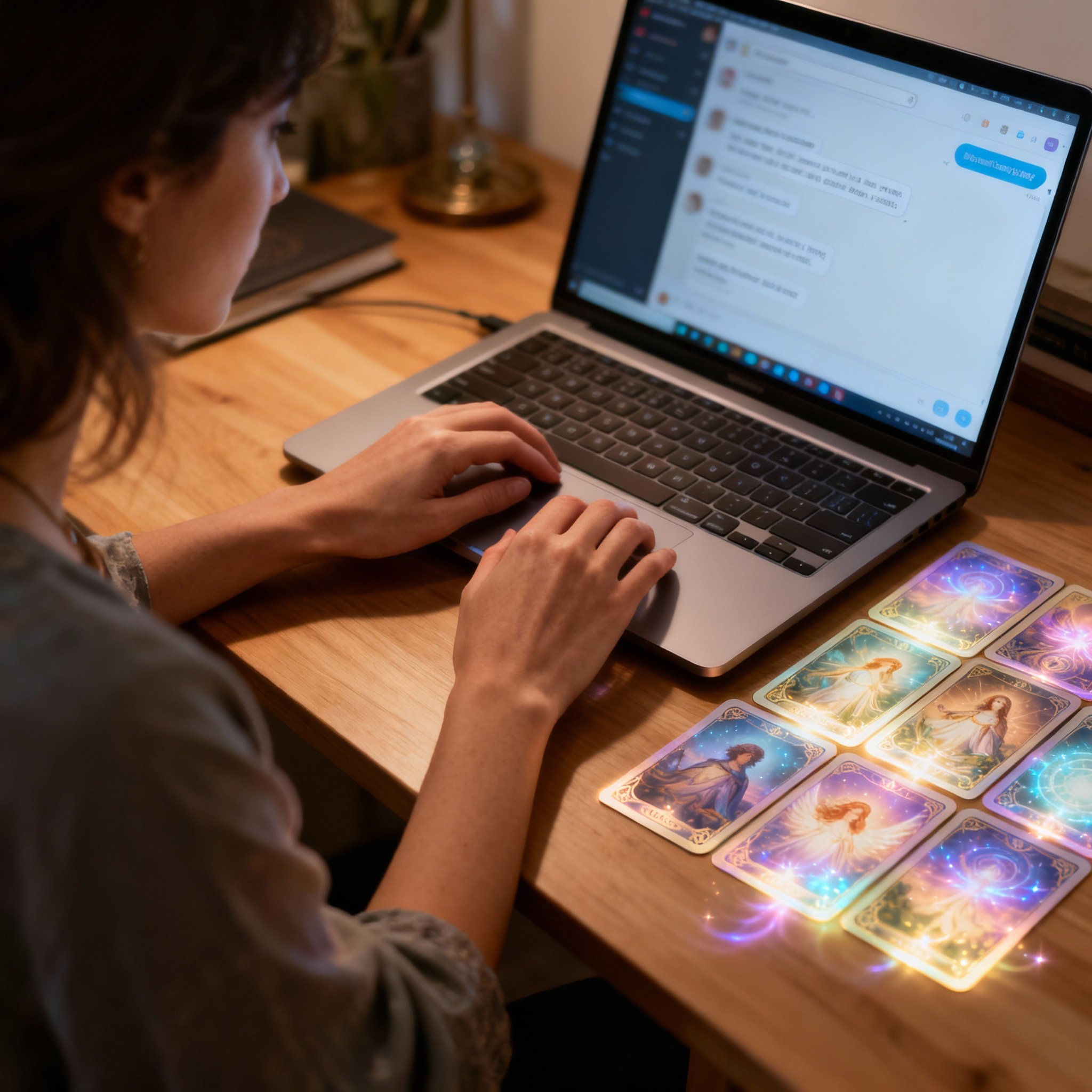 An over-the-shoulder view of Lidi conducting an online consultation on her laptop, with glowing oracle cards spread on the desk beside her, symbolizing the process of interpreting information and providing deep insight.