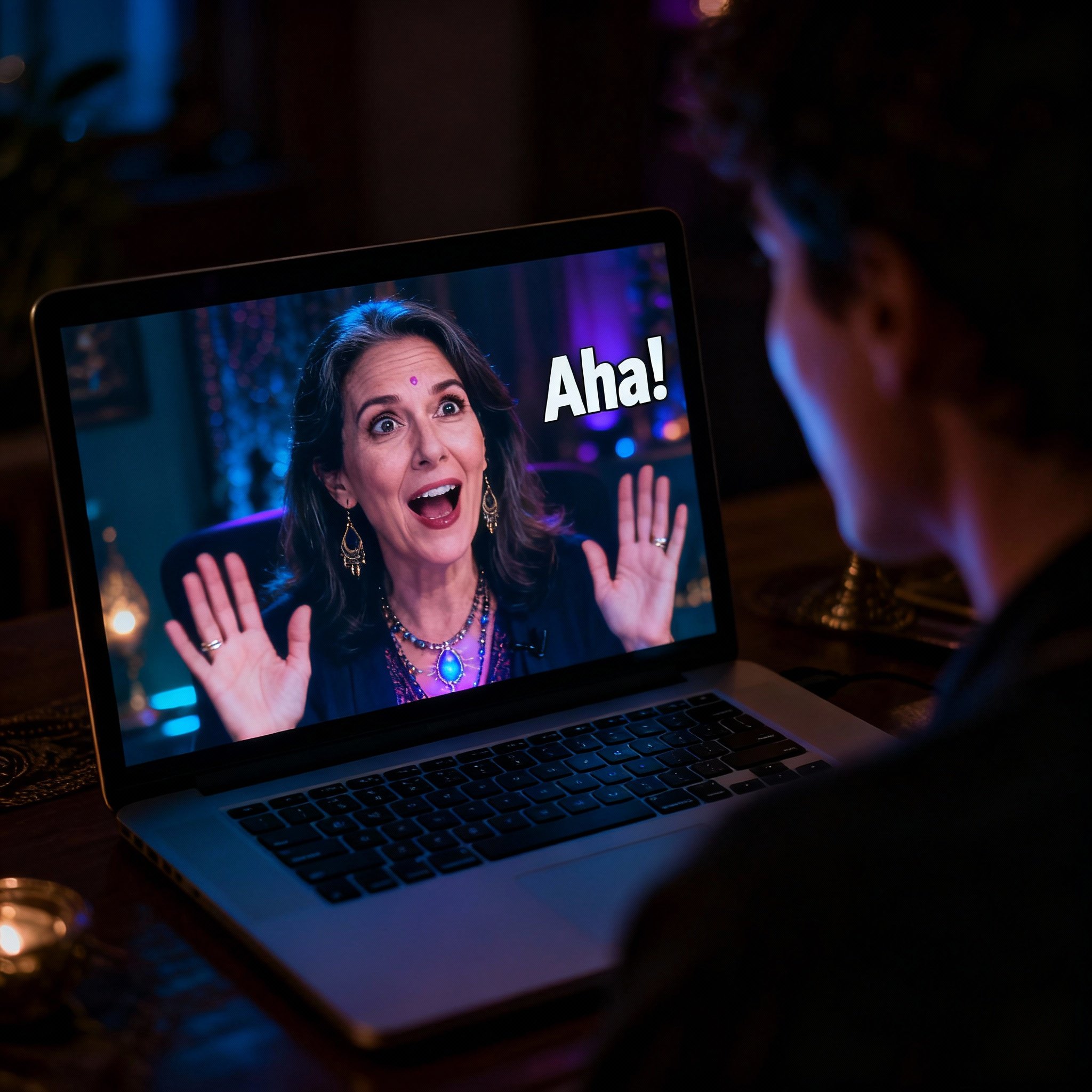A client looking at a laptop screen showing a video call with Psychic Stacy Joyce. The client has an expression of sudden realization, her face illuminated by the light from the screen.