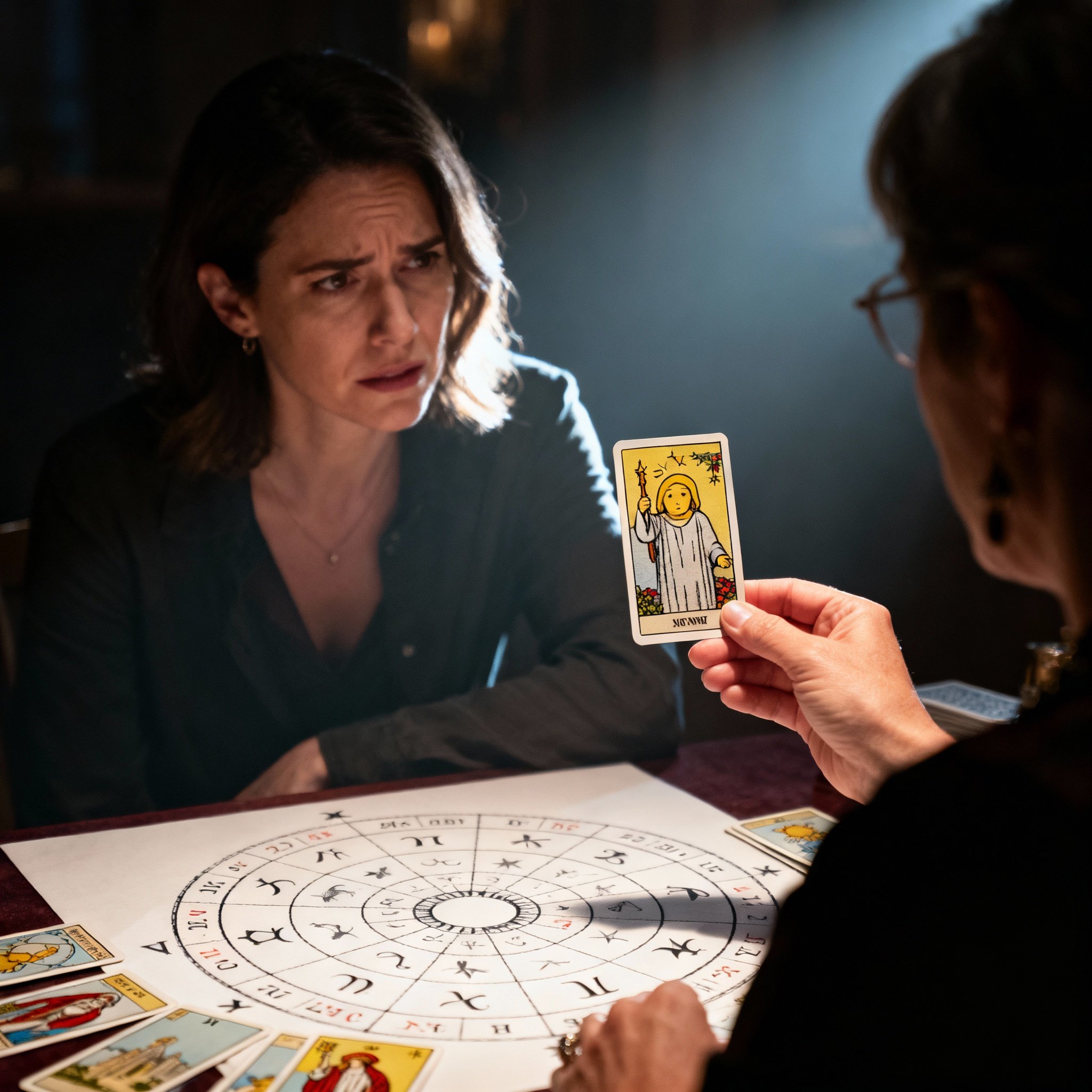 A client looks frustrated during a psychic reading as the psychic provides a vague answer, with tarot cards and an astrological chart on the table, symbolizing a communication breakdown.