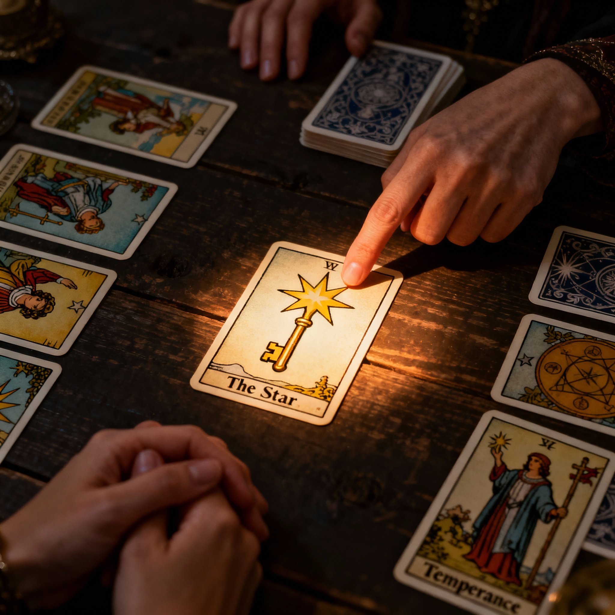 An overhead view of a consultation scene with Tarot cards spread on a table. The psychic's hand is pointing to a key card, interpreting its meaning for a client, symbolizing clarity, insight, and guidance.