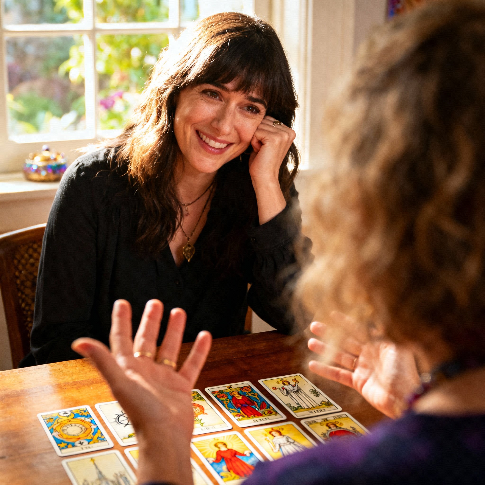 A client has a moment of realization during a consultation, as the psychic coach points to charts or cards on the table. The scene emphasizes interaction, trust, and the clarity of receiving guidance.