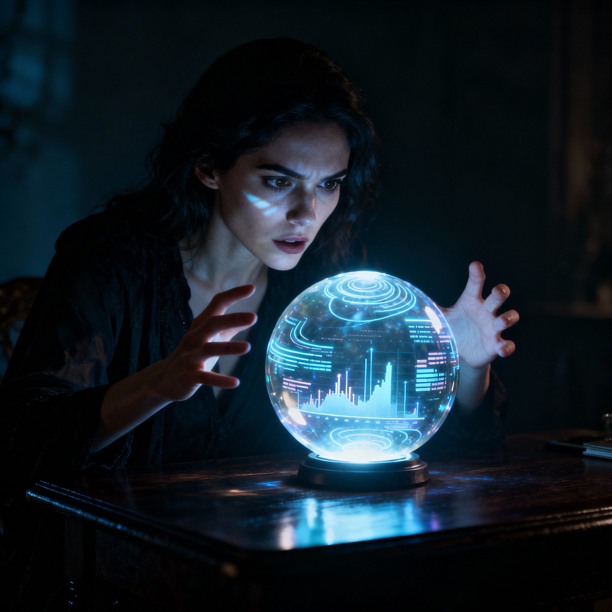 Psychic Vanessa is intently gazing into a glowing crystal ball on a table. The surface of the ball reflects faint data charts and energy flows, symbolizing her process of combining intuition with a rapid interpretation of the client's situation.