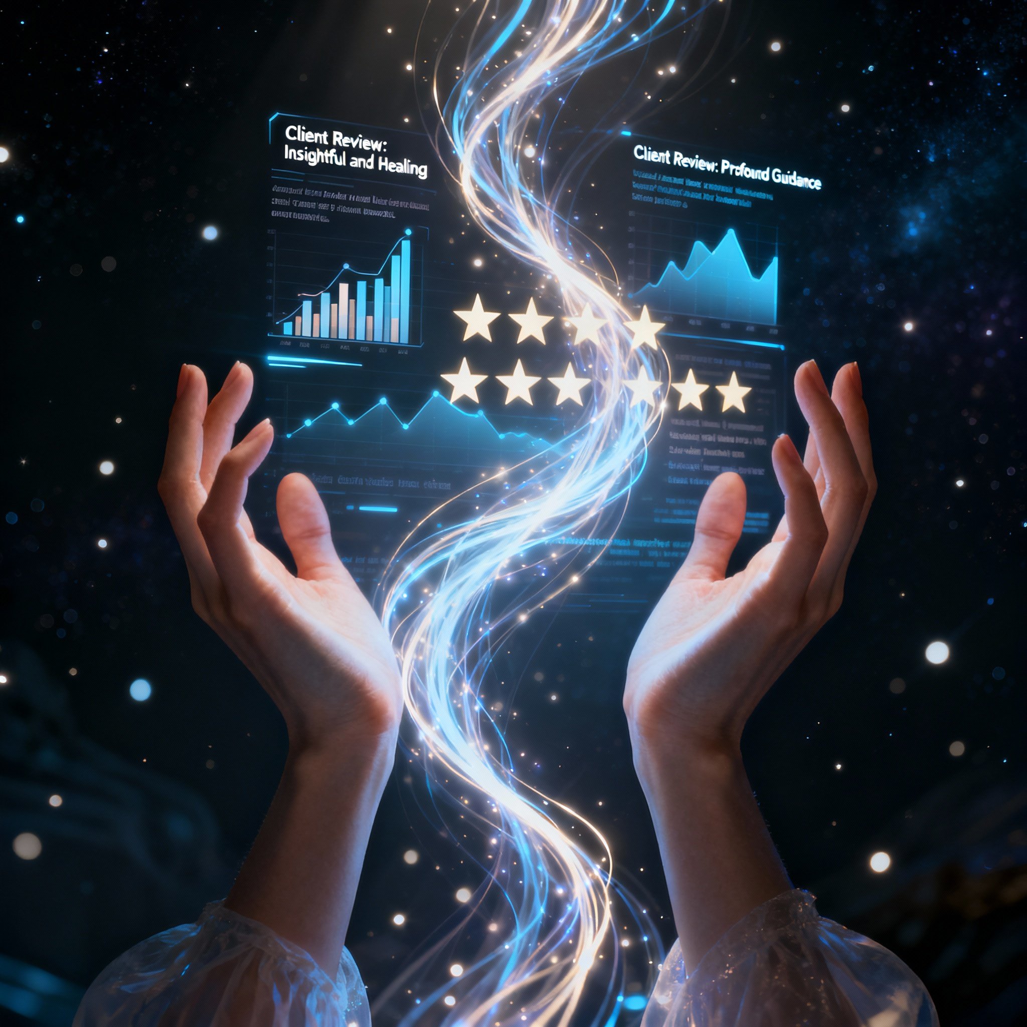 A conceptual art scene showing a psychic's process of interpreting a client's energy field and data feedback. Luminous data charts, five-star ratings, and snippets of client reviews intertwine to form a clear path, symbolizing the journey from confusion to clarity.