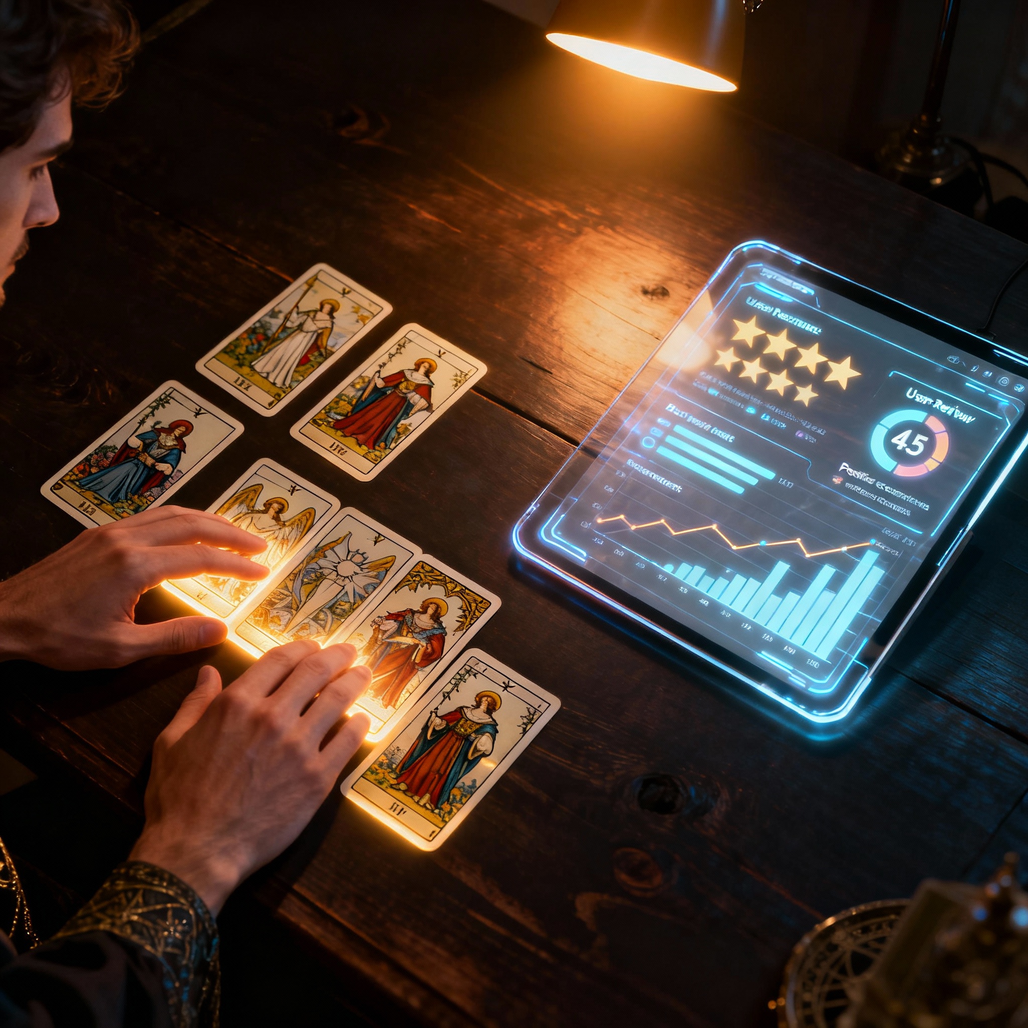 An image illustrating the consultation process. On a desk, a hand arranges glowing tarot cards next to a translucent screen displaying data charts of user ratings and feedback, symbolizing the fusion of intuition and data.