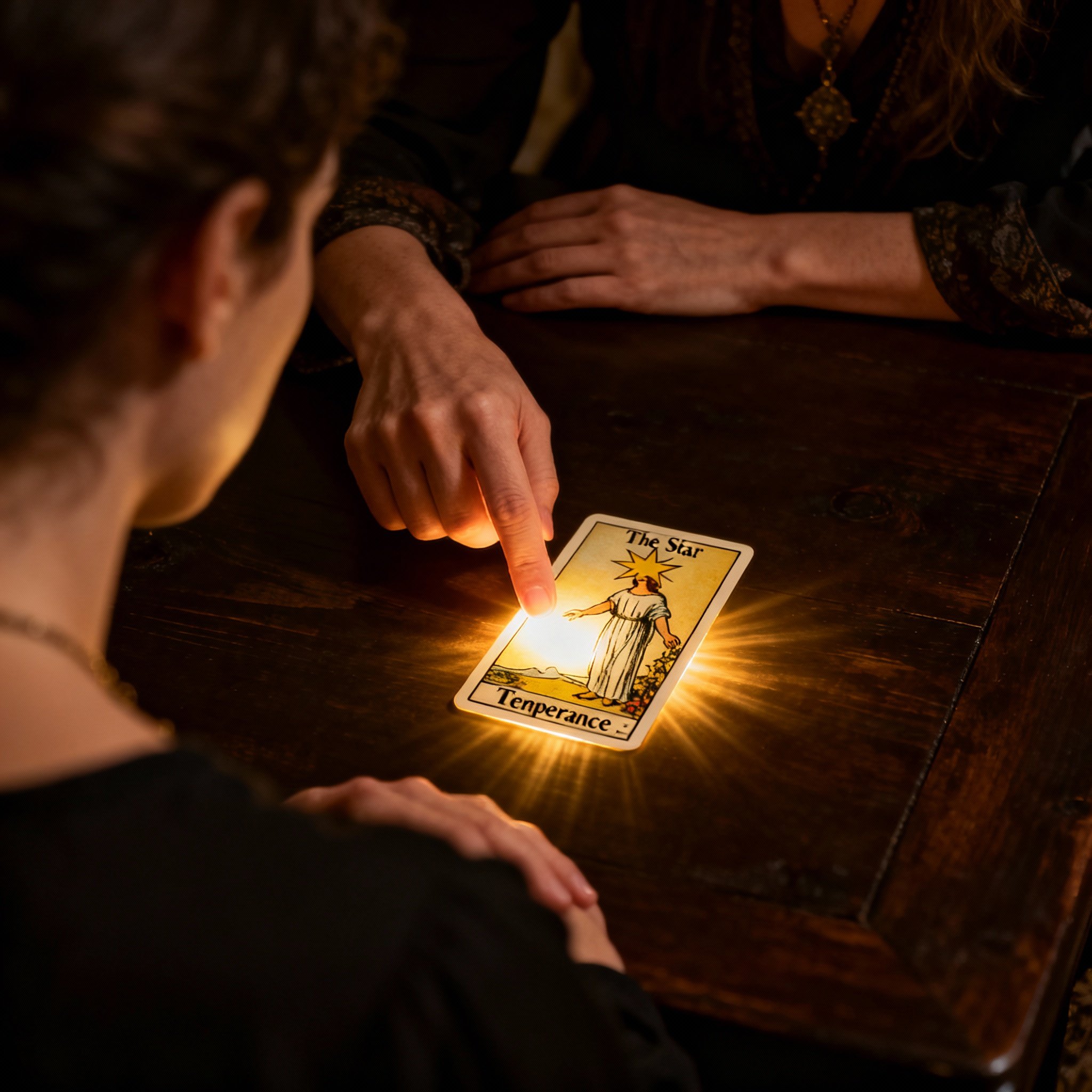 An overhead view of a consultation, showing the psychic's hands interpreting tarot cards on a table. The cards reveal clear insights as the client leans in, showing focus and relief.