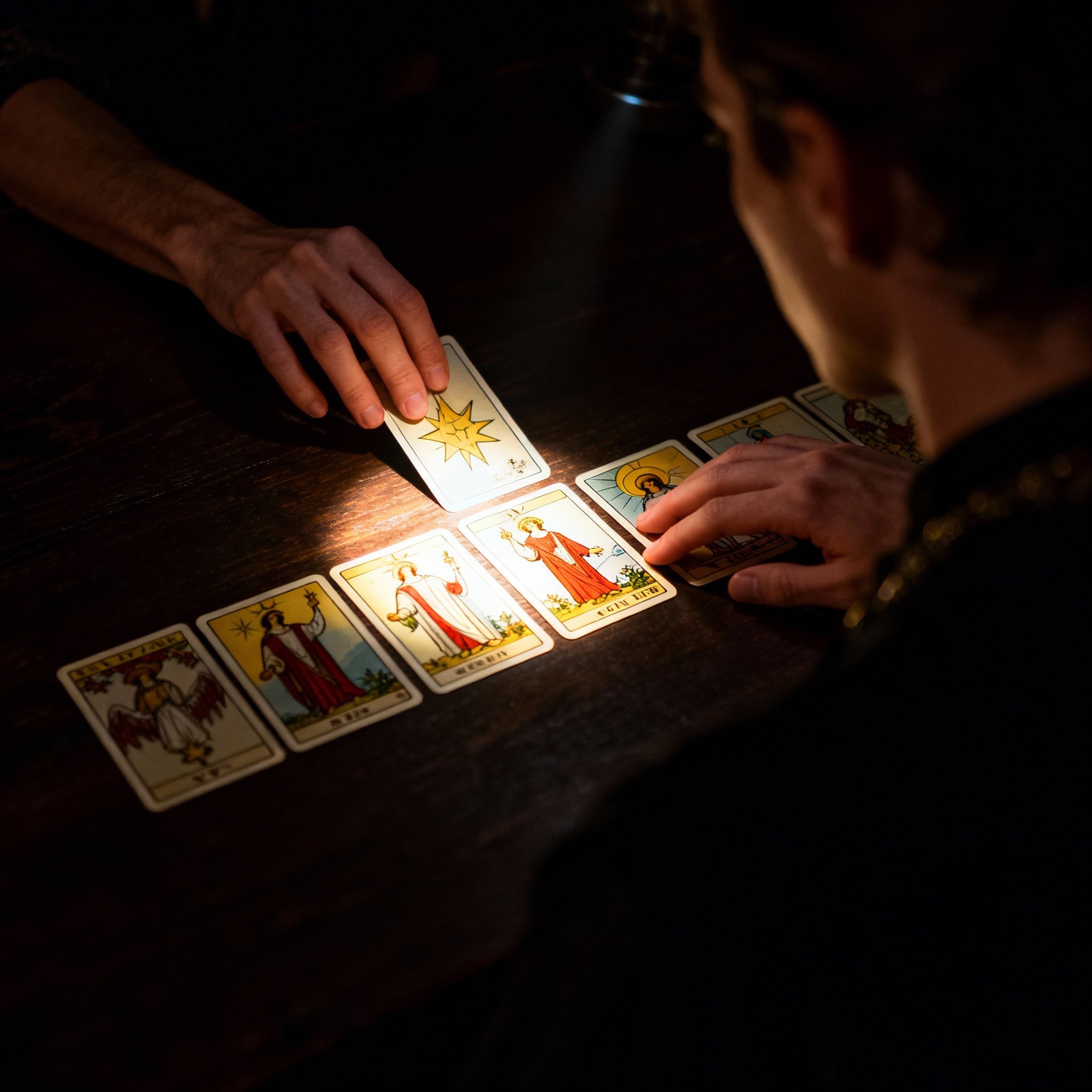 A view from the client's perspective, showing the psychic's hands pointing intently at several glowing tarot cards. The symbols on the cards are clear, symbolizing the revelation of key insights and clear guidance.