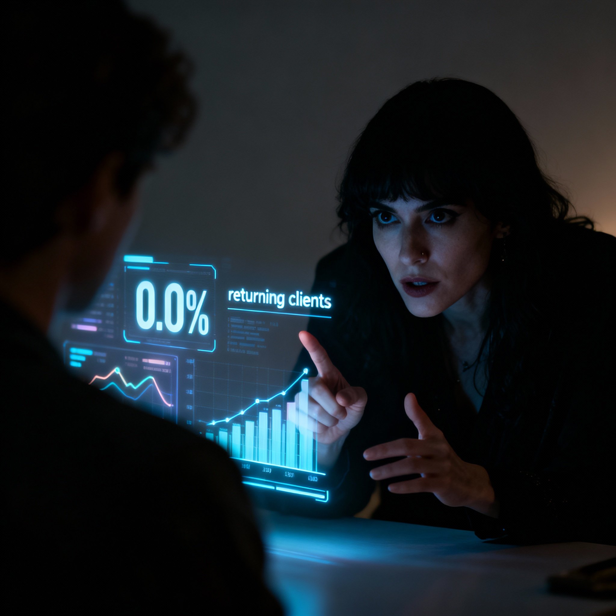 An image of a consultation scene where psychic Venus Apollonia is in direct conversation with a client (seen in silhouette). She leans forward with a focused expression and a decisive hand gesture. Faint, translucent data charts hover in the air around them, representing key metrics like the 0% returning client rate analyzed in the article.