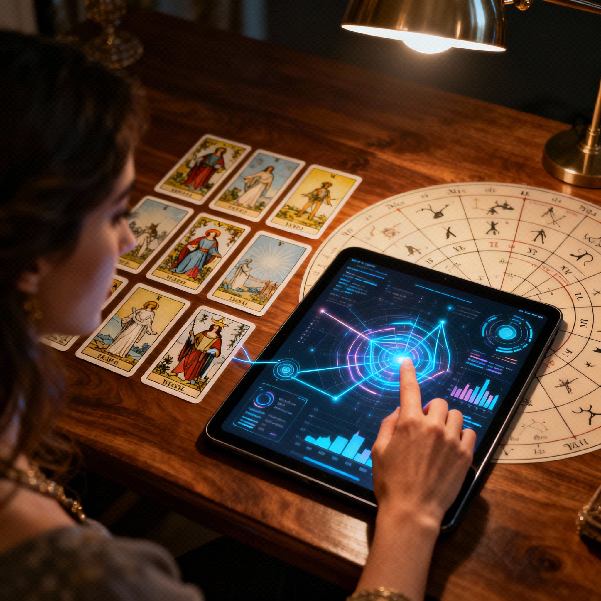 An overhead flat-lay view of a consultation scene, showing an astrology chart, tarot cards, and a tablet with data, symbolizing a comprehensive analysis.