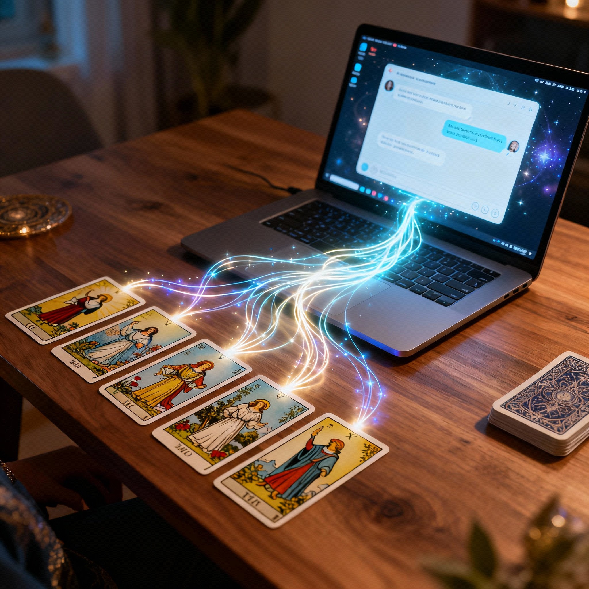 A scene showing a desk with tarot cards laid out next to a laptop displaying a consultation chat interface, with soft light symbolizing the energetic connection during an online psychic reading.