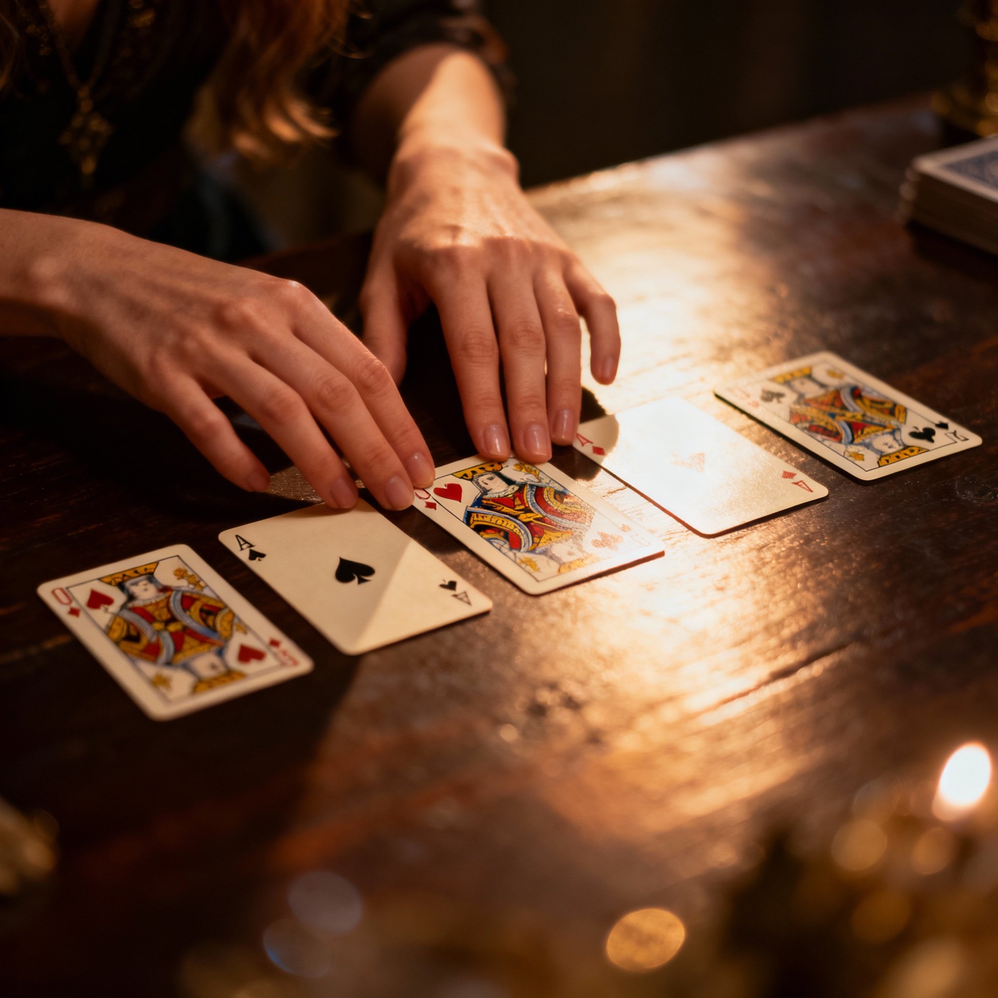 An image depicting a psychic consultation scene, where a pair of hands elegantly arranges several playing cards on a table, with a faint glow hovering above them, symbolizing the interpretation of energy and the provision of insight.
