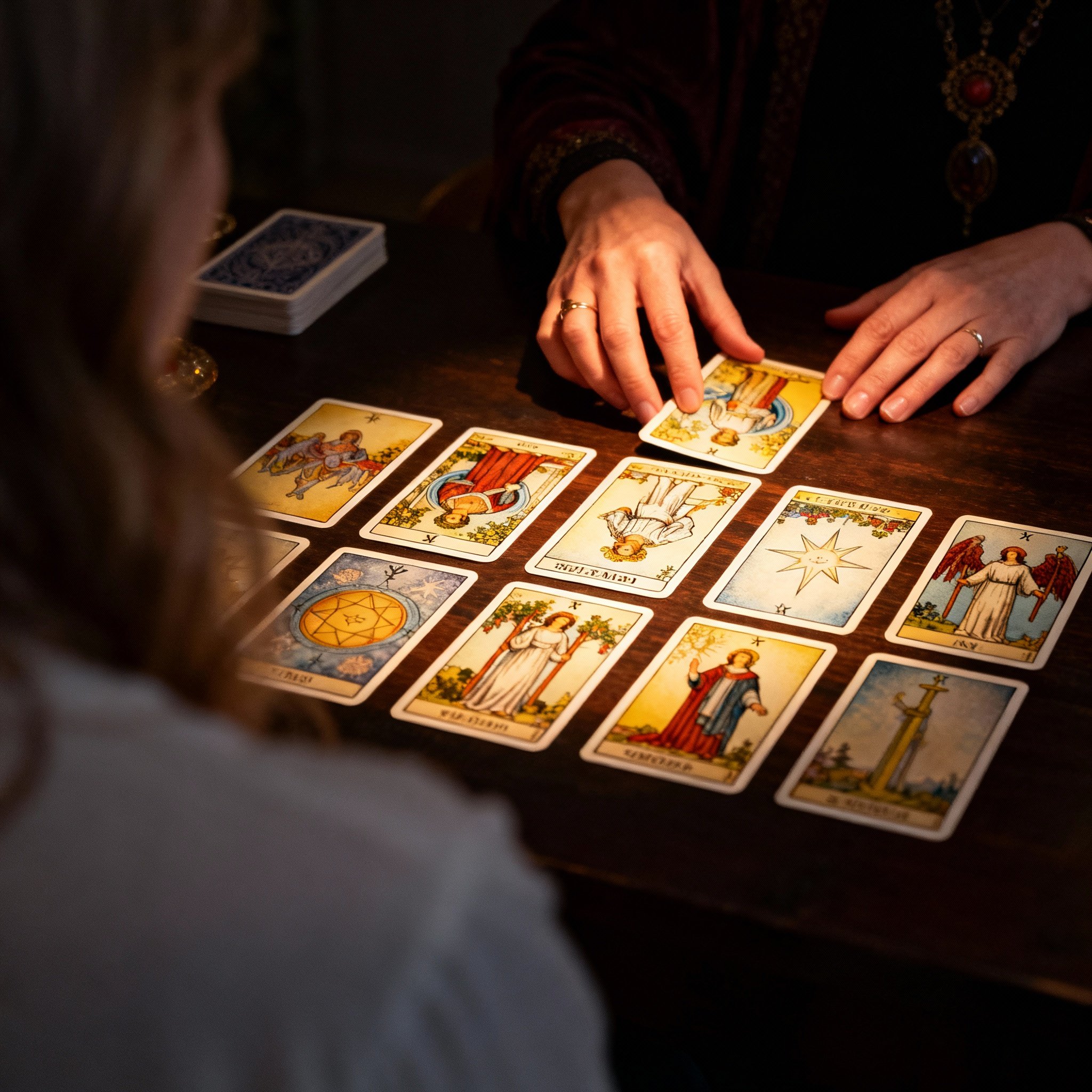 An over-the-shoulder view from a client's perspective, showing psychic Jess interpreting tarot cards spread across a wooden table. The light is focused on the cards and her hands, creating an intimate and insightful consultation.
