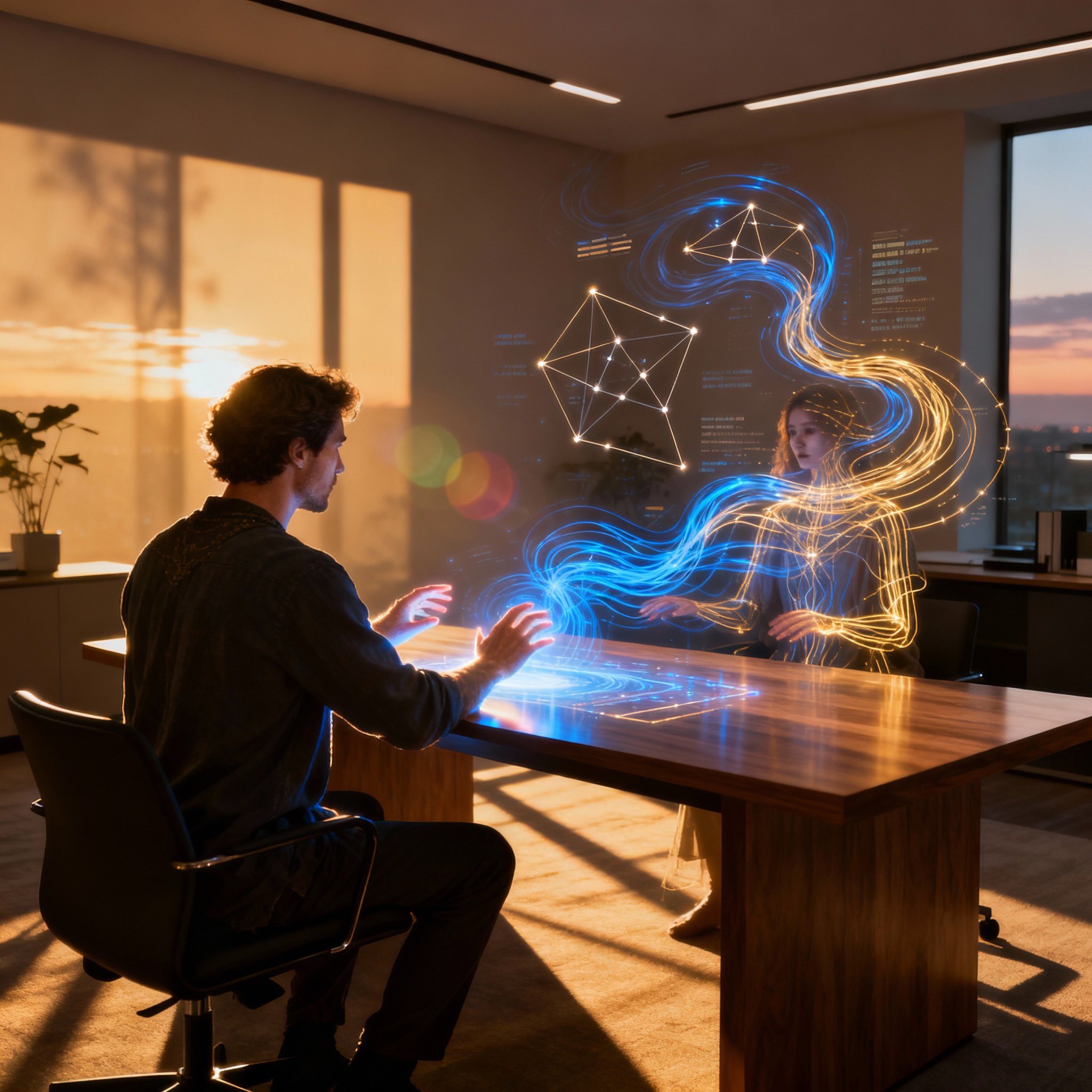 A psychic in a consultation, surrounded by abstract glowing lines and constellations representing a client's energy field and life path, conveying a sense of deep insight and connection.