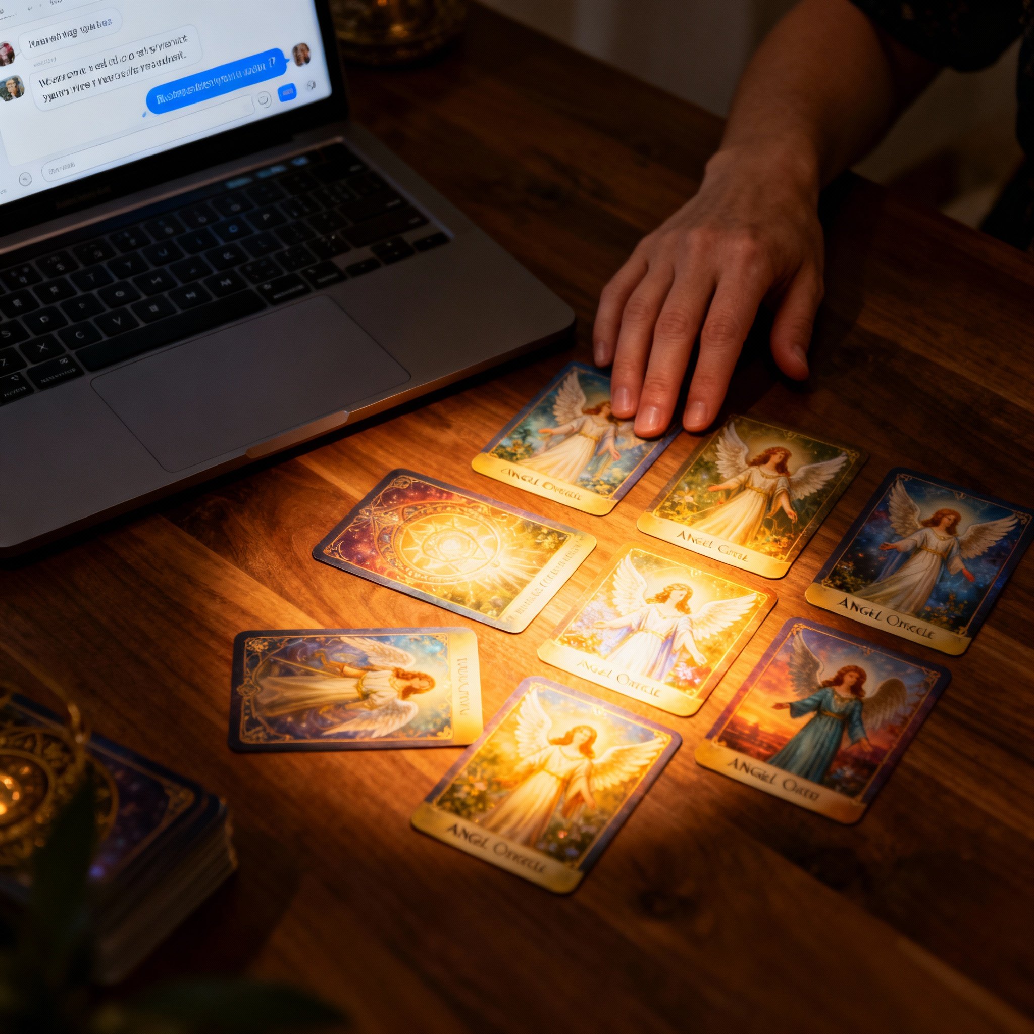A client's point-of-view shot of glowing Tarot cards spread on a desk next to a laptop displaying an online chat with a psychic, conveying a moment of clarity and guidance.
