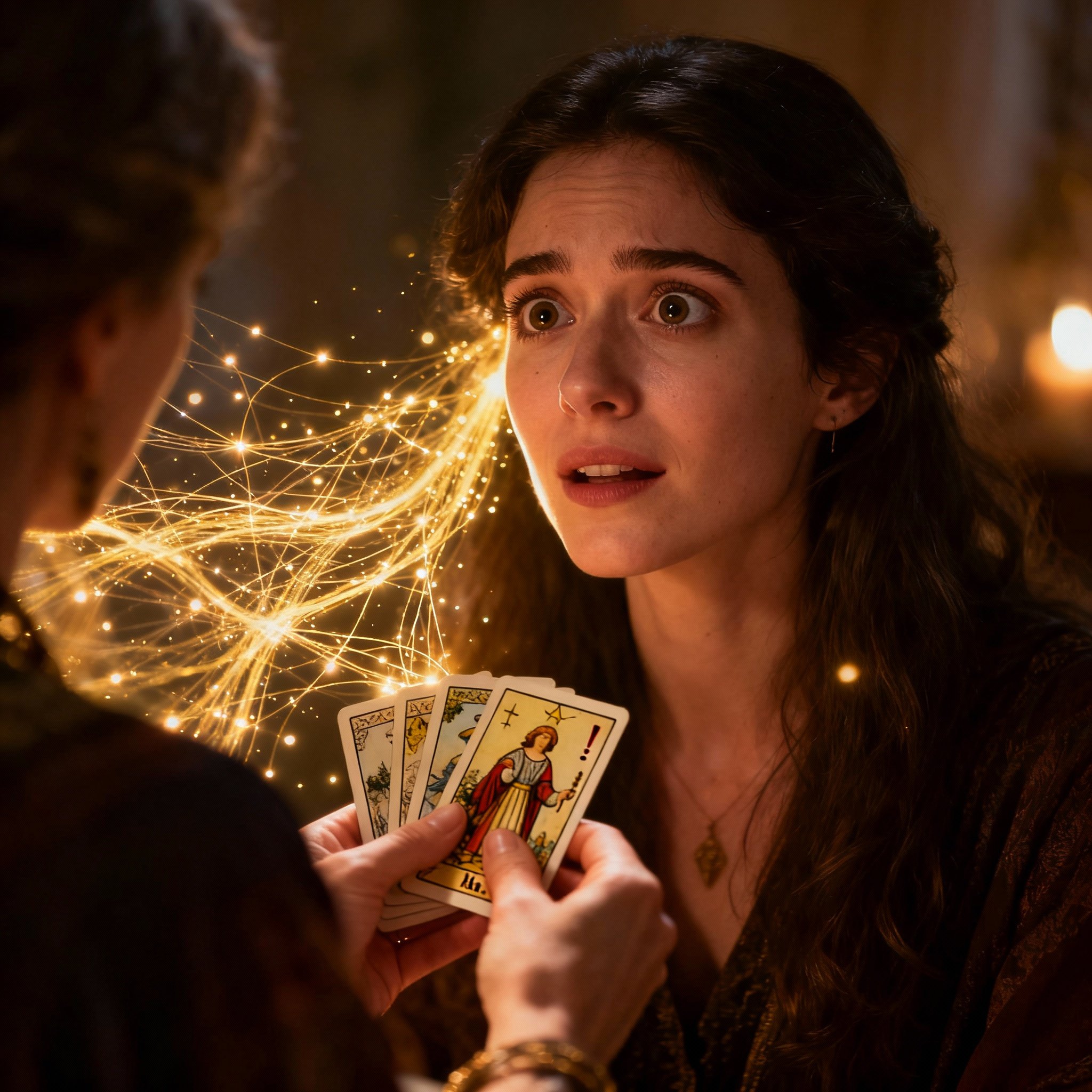 During a consultation, a client shows a look of sudden realization, with an abstract network of golden light representing the Akashic Records in the background, symbolizing profound personal insight.