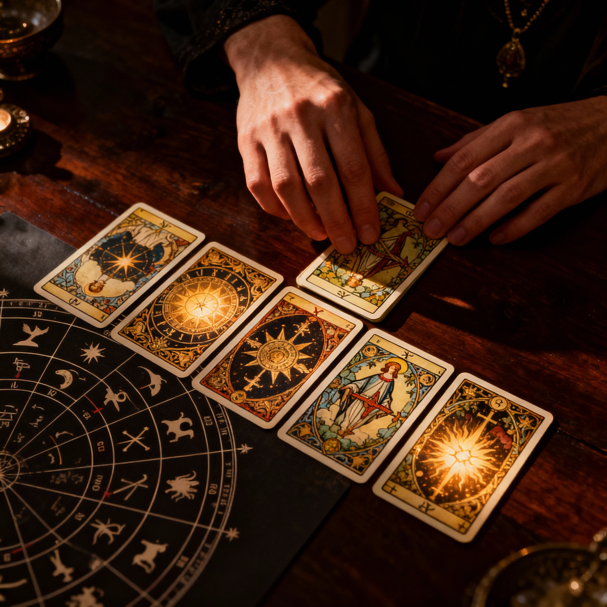 An overhead shot showing the process of a reading, with hands laying out intricate tarot cards on a wooden table next to an astrological birth chart. Dramatic lighting highlights the details on the cards, symbolizing deep insight.
