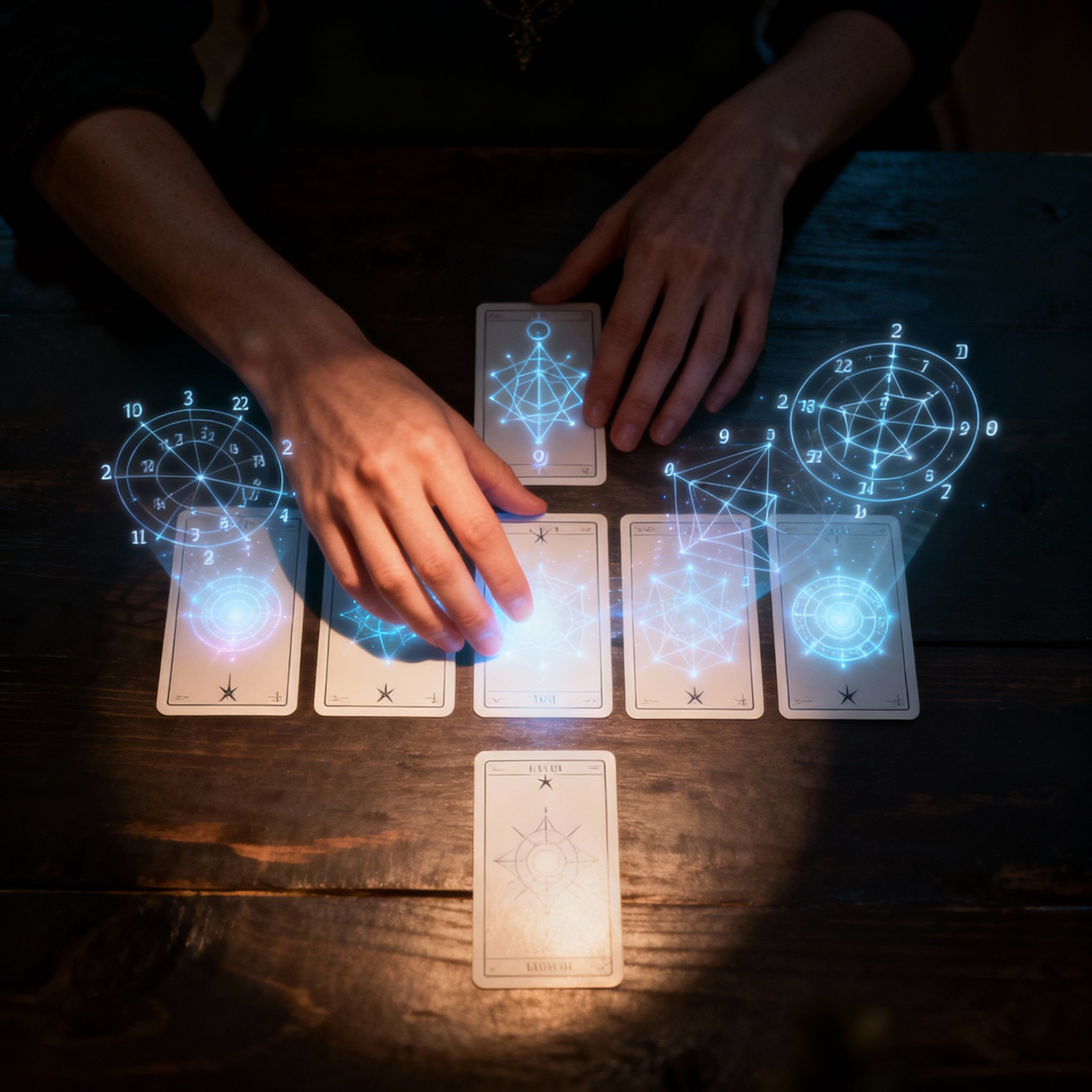 An overhead view of hands arranging glowing tarot cards on a wooden table, with abstract numbers and path symbols floating above them, symbolizing the blend of data interpretation and spiritual insight.