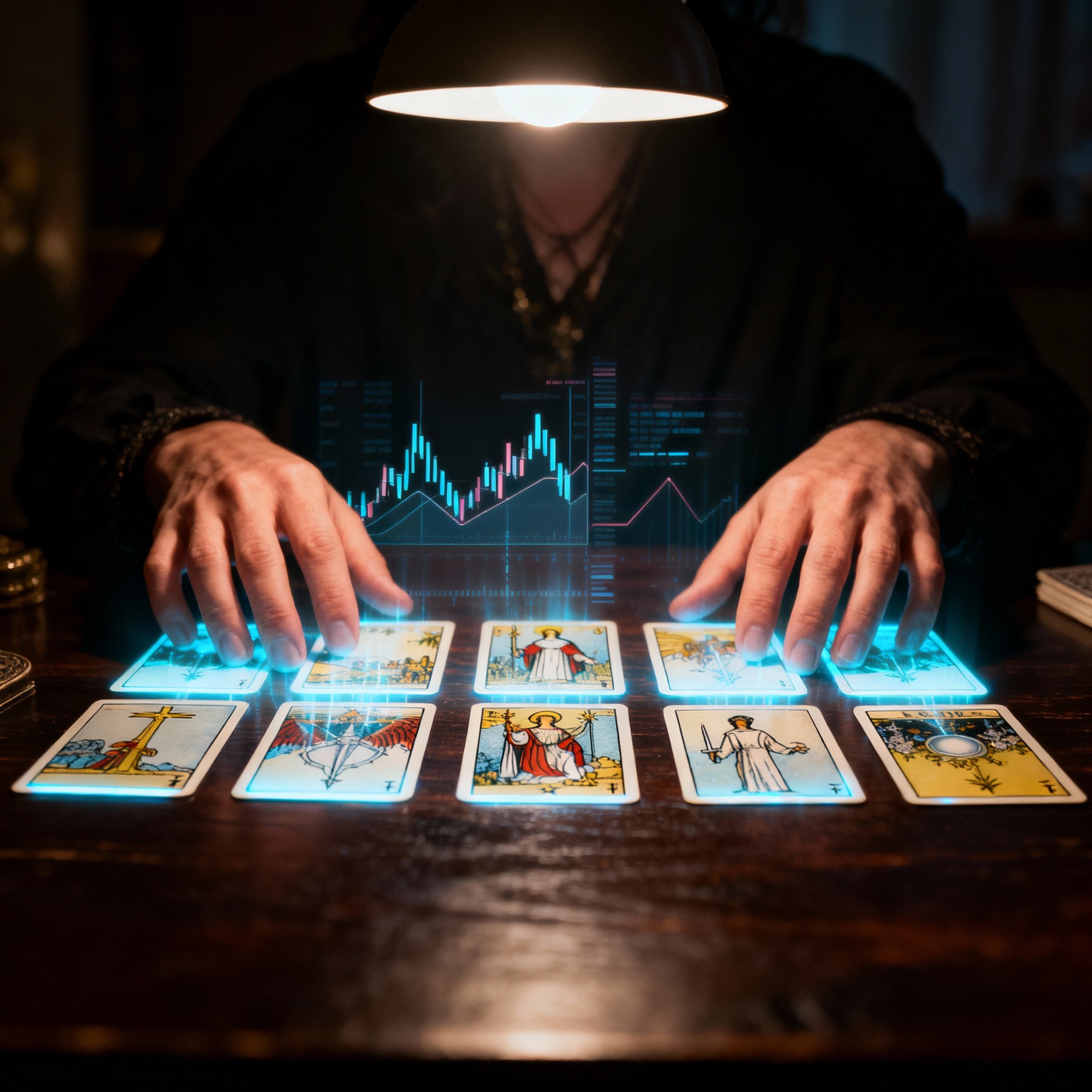 A close-up of a consultation scene, with psychic Carina Starr's hands turning over a glowing Tarot card, from which abstract data charts emerge, symbolizing her precise insight and analytical ability.