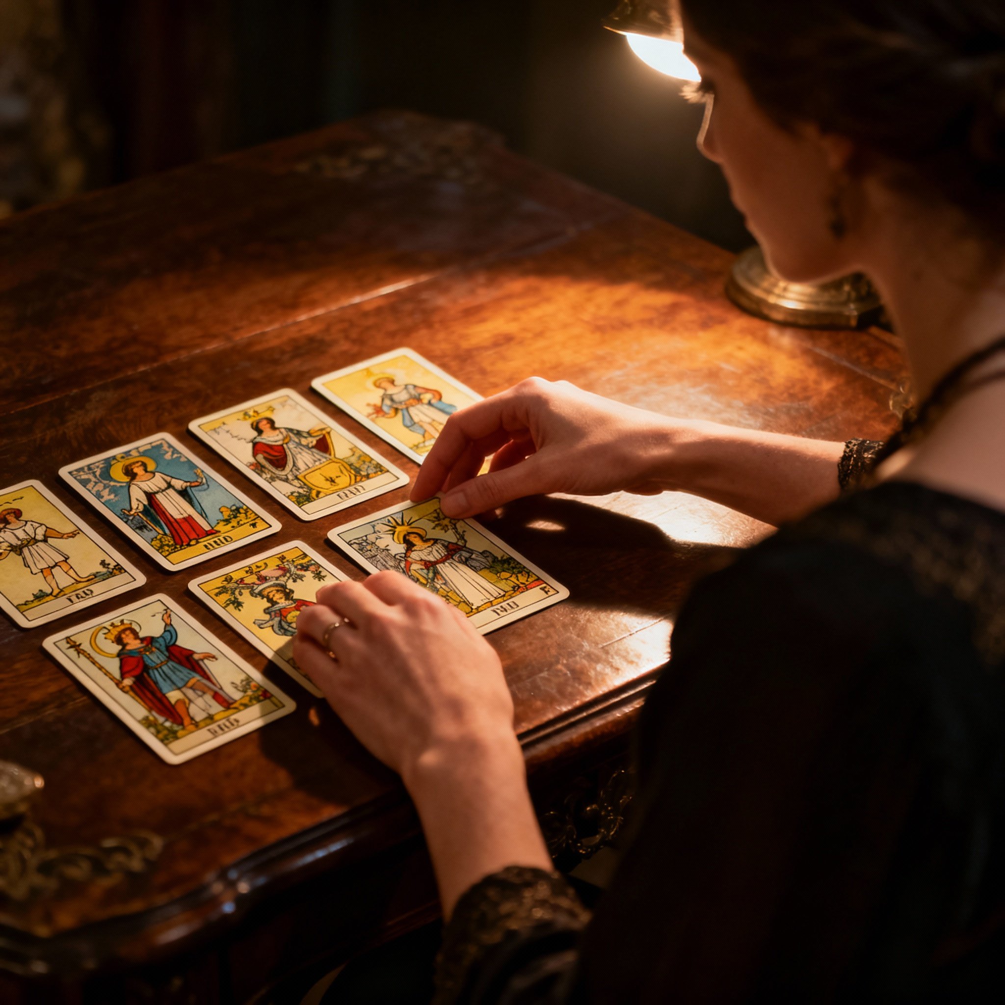On a wooden table, a pair of hands arranges a beautiful set of Tarot cards. Warm, focused light illuminates the cards, revealing intricate details and symbolizing the clarity and guidance found during a reading.