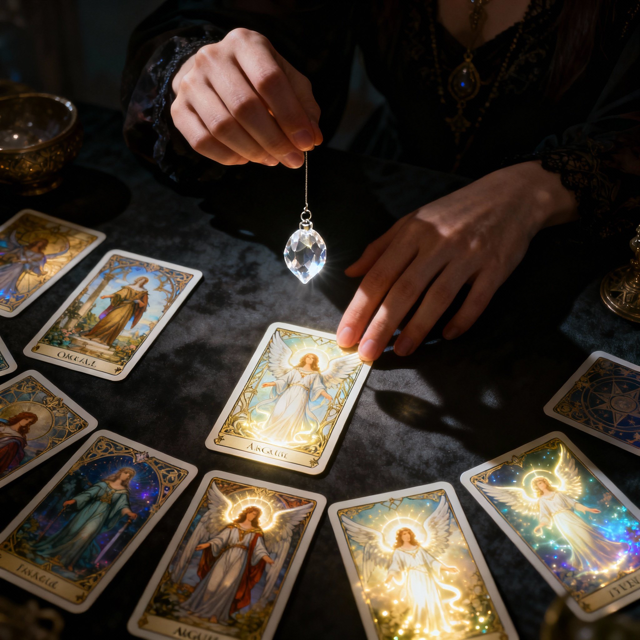 A top-down view of tarot cards, angel oracle cards, and a crystal pendulum laid out on a wooden table. A pair of hands is interpreting the cards, with dramatic side lighting highlighting the details and mystique, symbolizing deep insight gained through multiple tools.