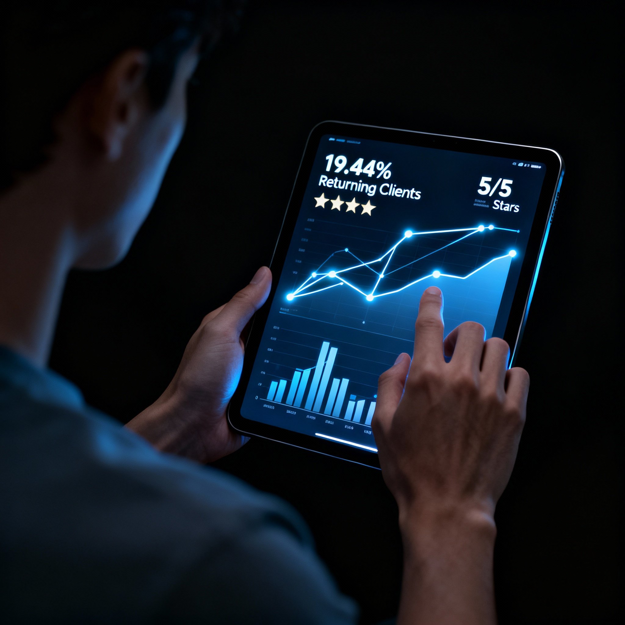 An abstract scene of a consultation, where a person interacts with a luminous digital interface displaying client satisfaction charts and connection lines, symbolizing in-depth data analysis of the psychic service.
