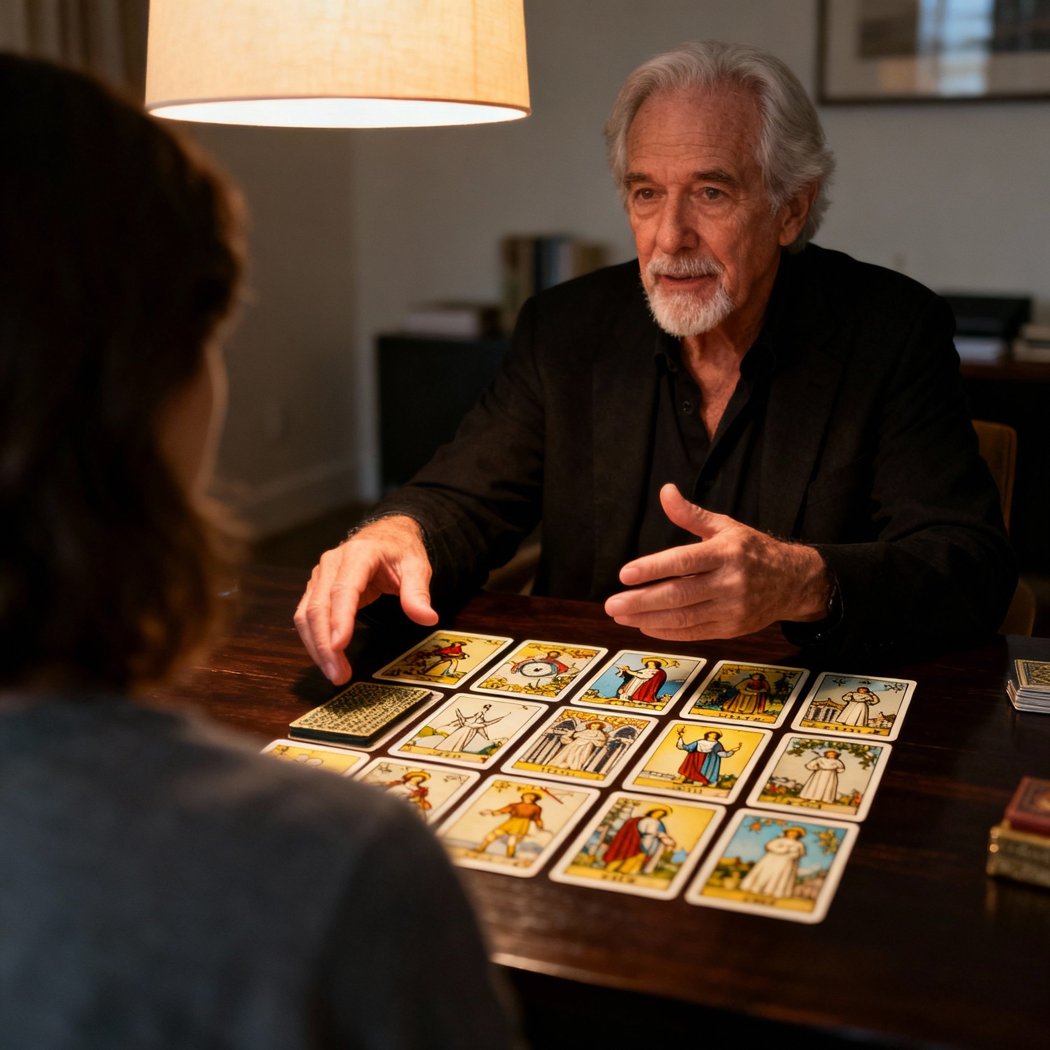 An over-the-shoulder view of a client as psychic Gregory Paul interprets a spread of Tarot cards on a wooden table. His hands are gesturing to explain the cards, with a focus on the detailed artwork of the cards and the interactive nature of the reading.