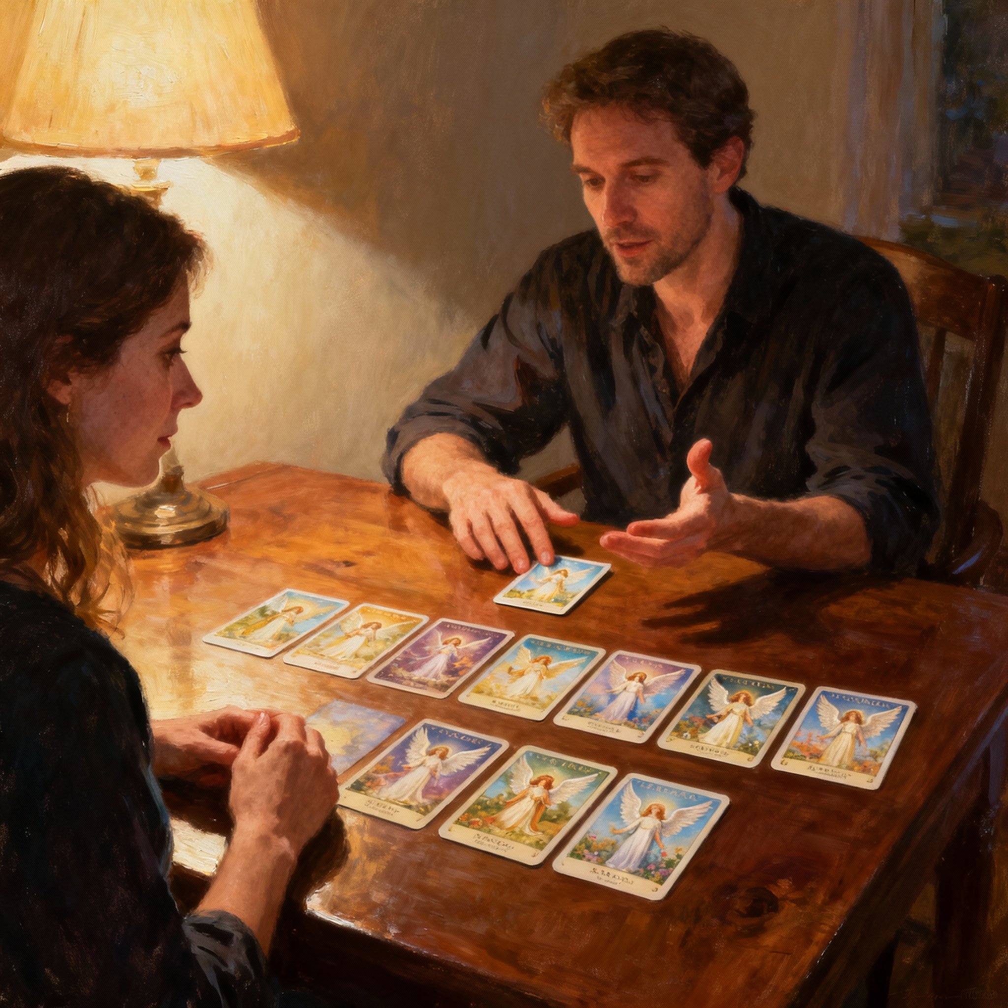 A scene of a female client in a consultation with the psychic Andrew. Angel Oracle cards are spread on the table, and Andrew is gently interpreting them for the client. The client's expression is shifting from confusion to relief, as warm light illuminates the table and their interaction.