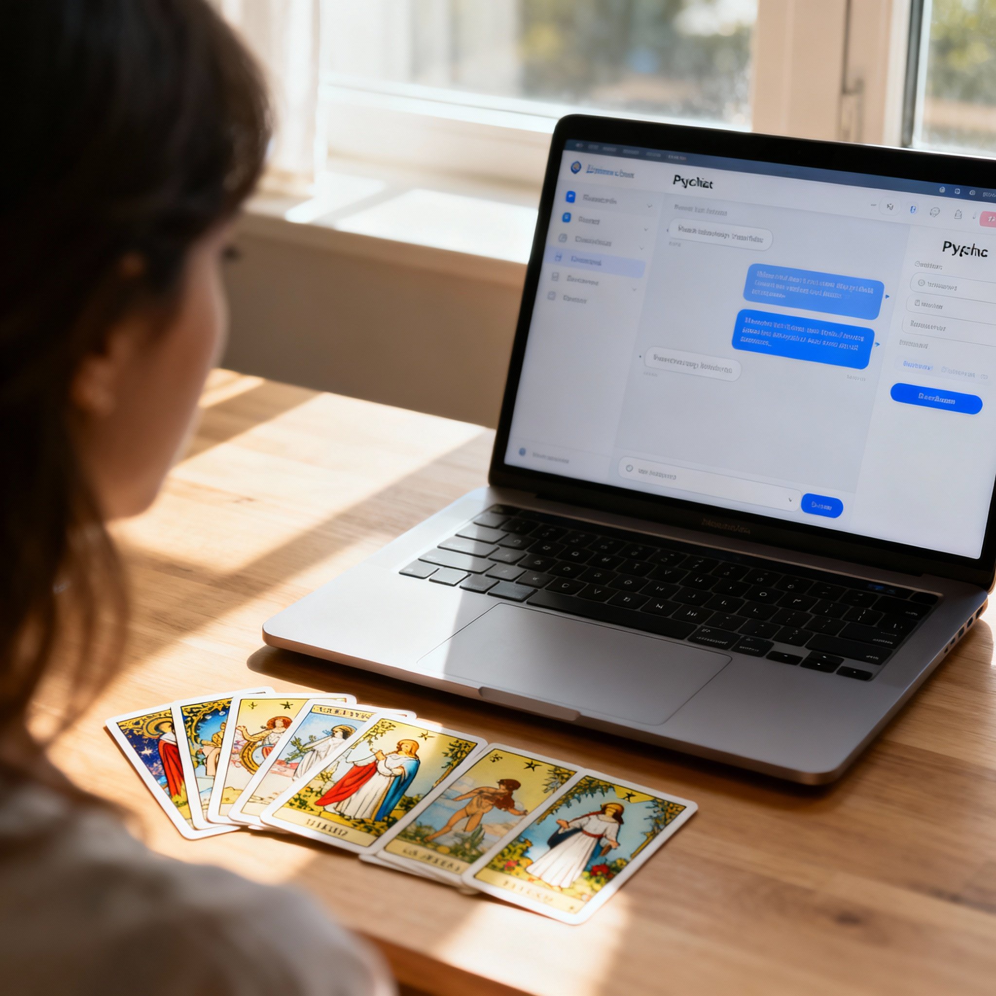 A scene from the client's perspective, showing a laptop on a desk with an active online chat consultation with Kaila on the screen. Next to the laptop, several tarot cards are neatly spread out. Light from a window illuminates the scene, which is bright and clear, reflecting a professional and efficient remote session.