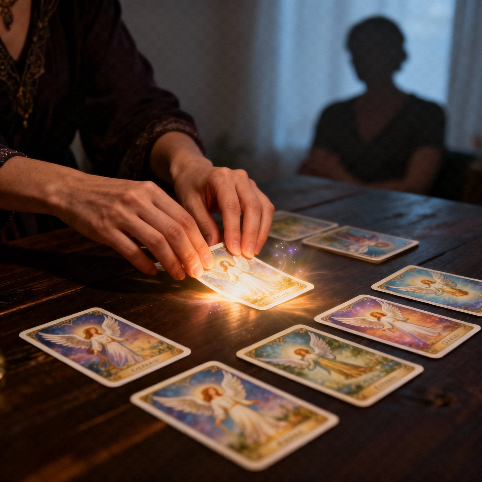 A pair of serene hands arranges beautiful Angel Oracle cards on a wooden table. The cards emit a soft, ethereal glow, symbolizing the insight and energy healing received during a consultation.