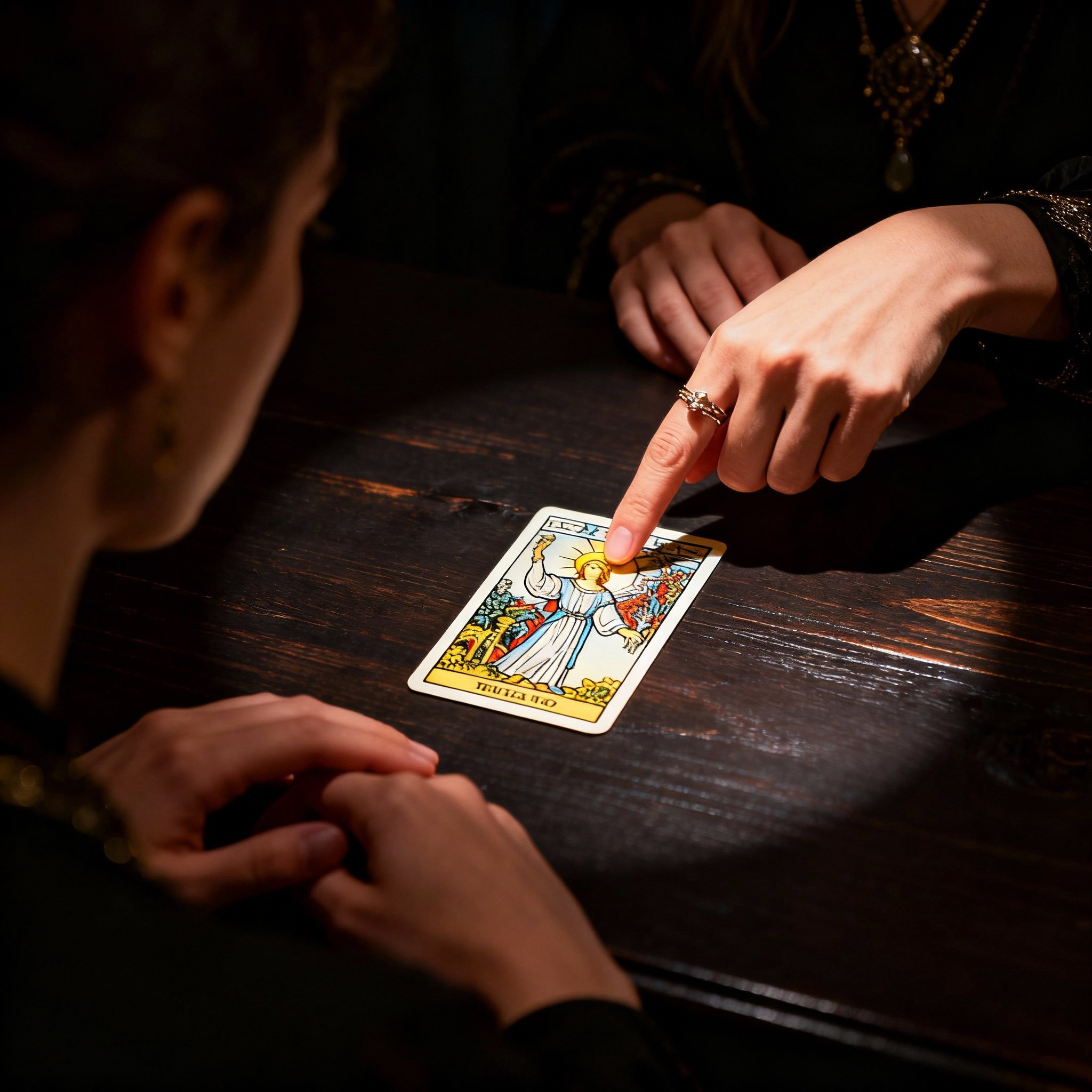 An over-the-shoulder view of a psychic advisor's hands laying out tarot cards on a wooden table. Dramatic lighting focuses on a few key cards, symbolizing a moment of clarity and insight into the client's situation.