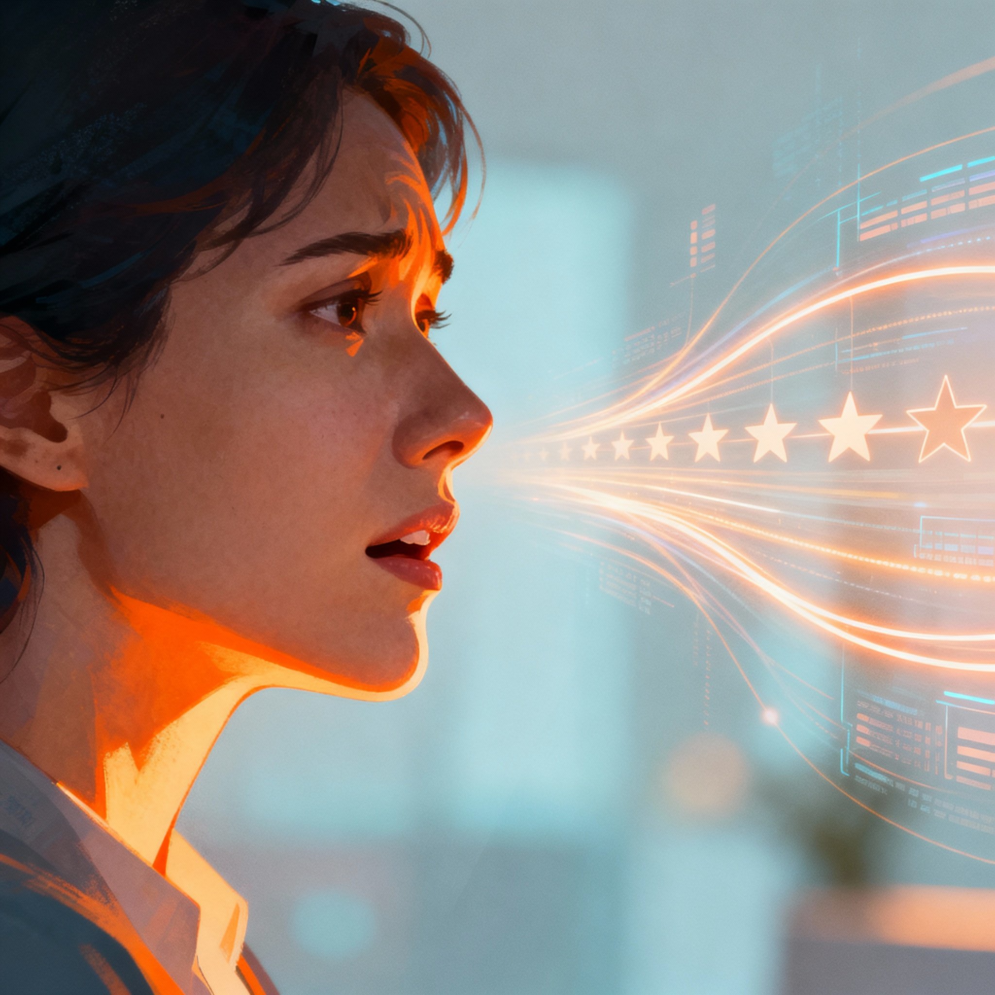 A concept illustration of a consultation scene, where a client shows an expression of sudden realization ('aha' moment) while communicating with a psychic, surrounded by abstract light streams representing data and emotional connection.