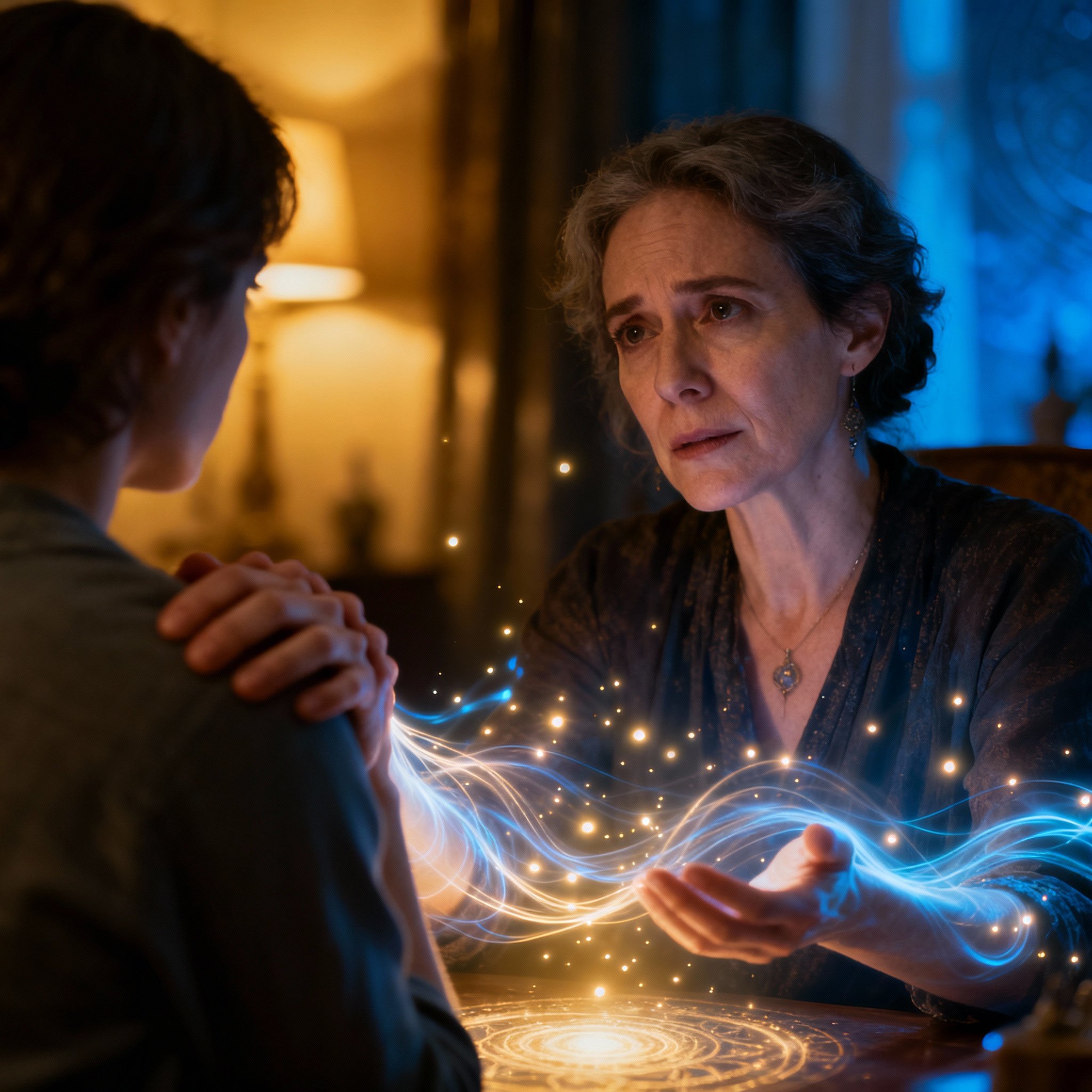 An image of a consultation scene where Advisor Gianna listens intently to a client (back to the camera), with faint light and energy particles flowing between them, symbolizing a tool-free intuitive connection and energy reading.