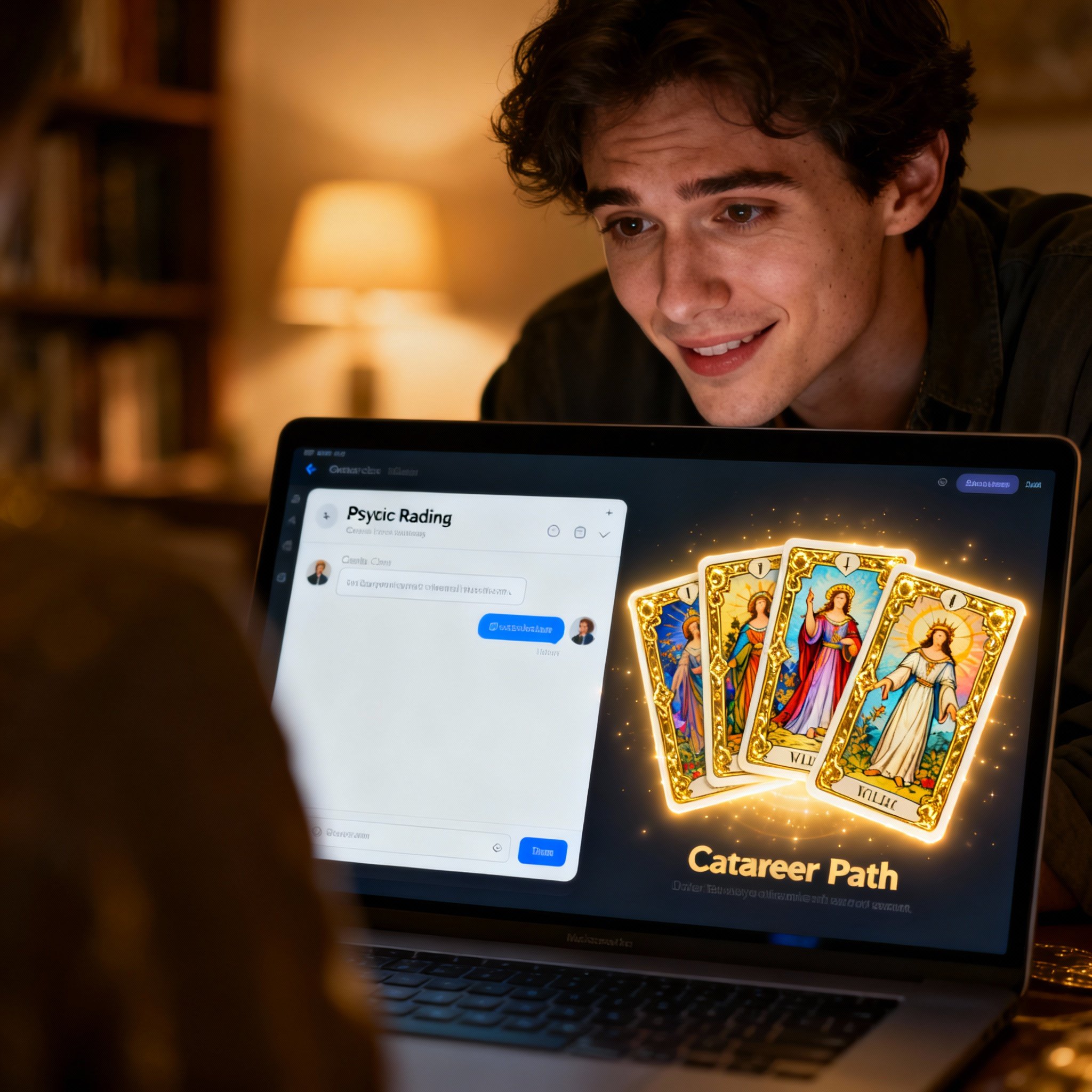 An over-the-shoulder view of a client looking at a laptop screen, which displays a chat consultation with a psychic and a spread of tarot cards. The screen's glow illuminates the client's focused face, showing a moment of realization and clarity regarding a complex career decision.