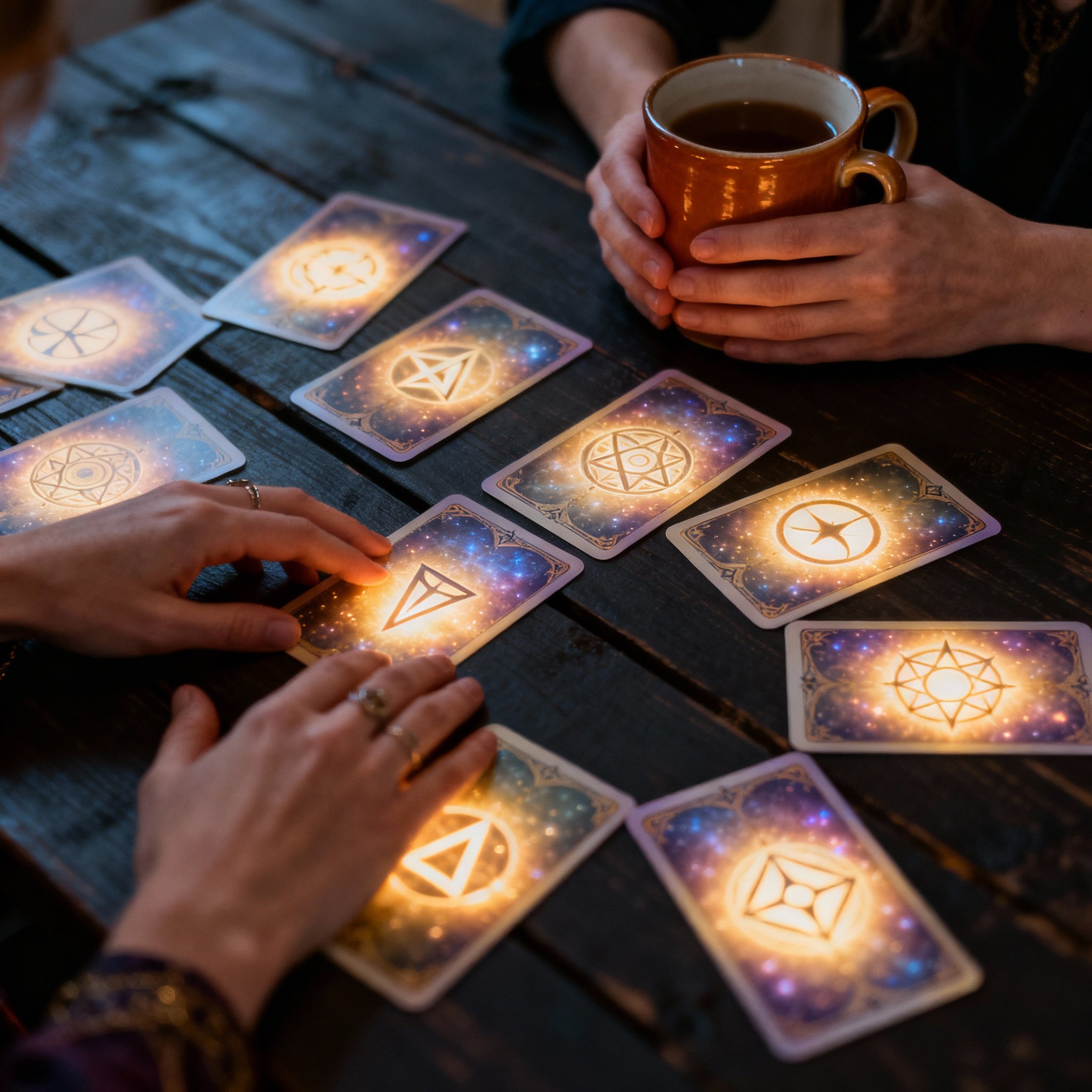 A close-up shot of hands laying out glowing tarot cards on a table, symbolizing the process of gaining clarity and guidance during a psychic reading.