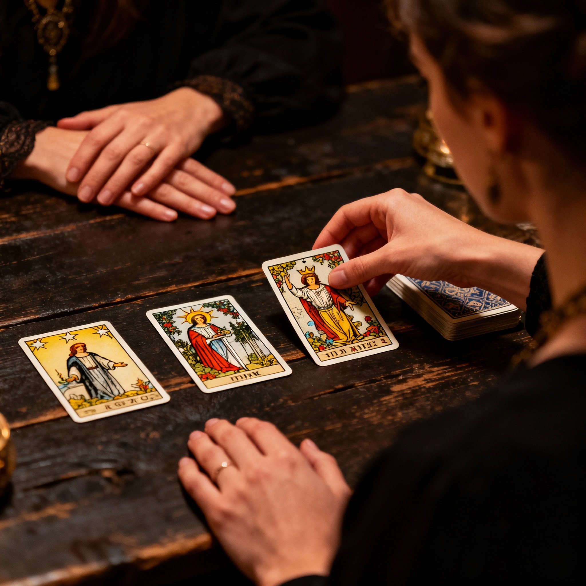 An overhead shot of Psychic Cassie's hands laying out beautifully illustrated tarot cards on a wooden table, revealing insights into a relationship for a client.