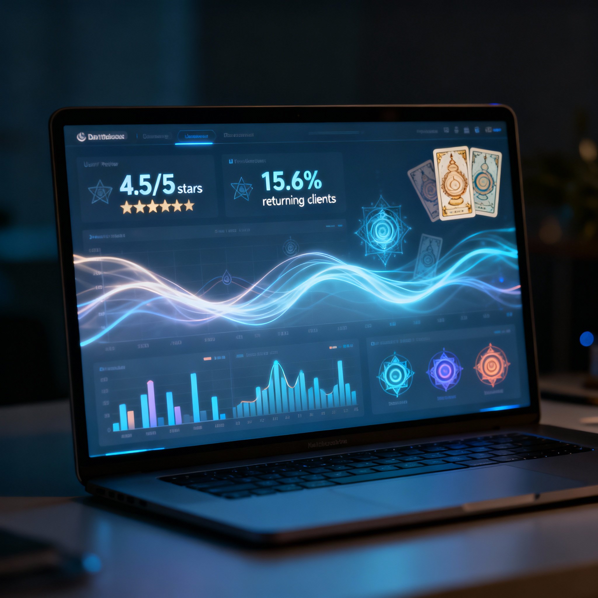 A modern digital dashboard displaying glowing data charts and user review statistics, which are seamlessly fused with ethereal energy lines and tarot symbols representing spiritual insight.
