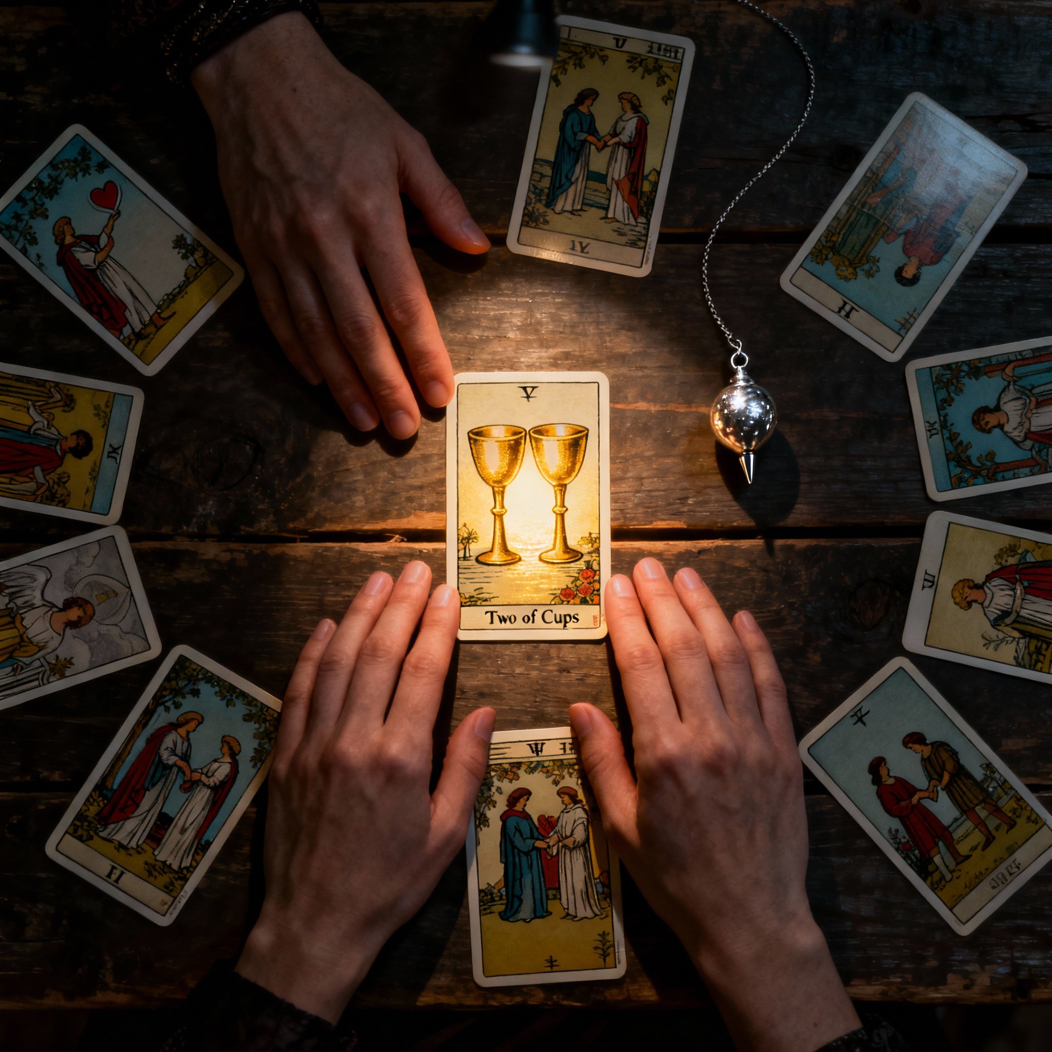 An overhead view of a pair of warm hands interpreting Tarot cards on a wooden table. One card related to love, such as the Two of Cups, emits a soft glow, symbolizing the clear, deep insights provided by the psychic.