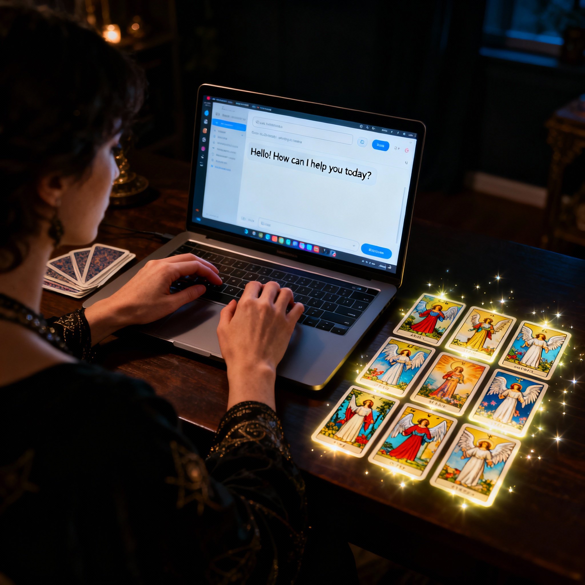 An over-the-shoulder view of a psychic's consultation. Her hands are typing quickly on a keyboard next to a glowing spread of tarot cards, with a chat interface visible on the screen, symbolizing efficient and deep insights.