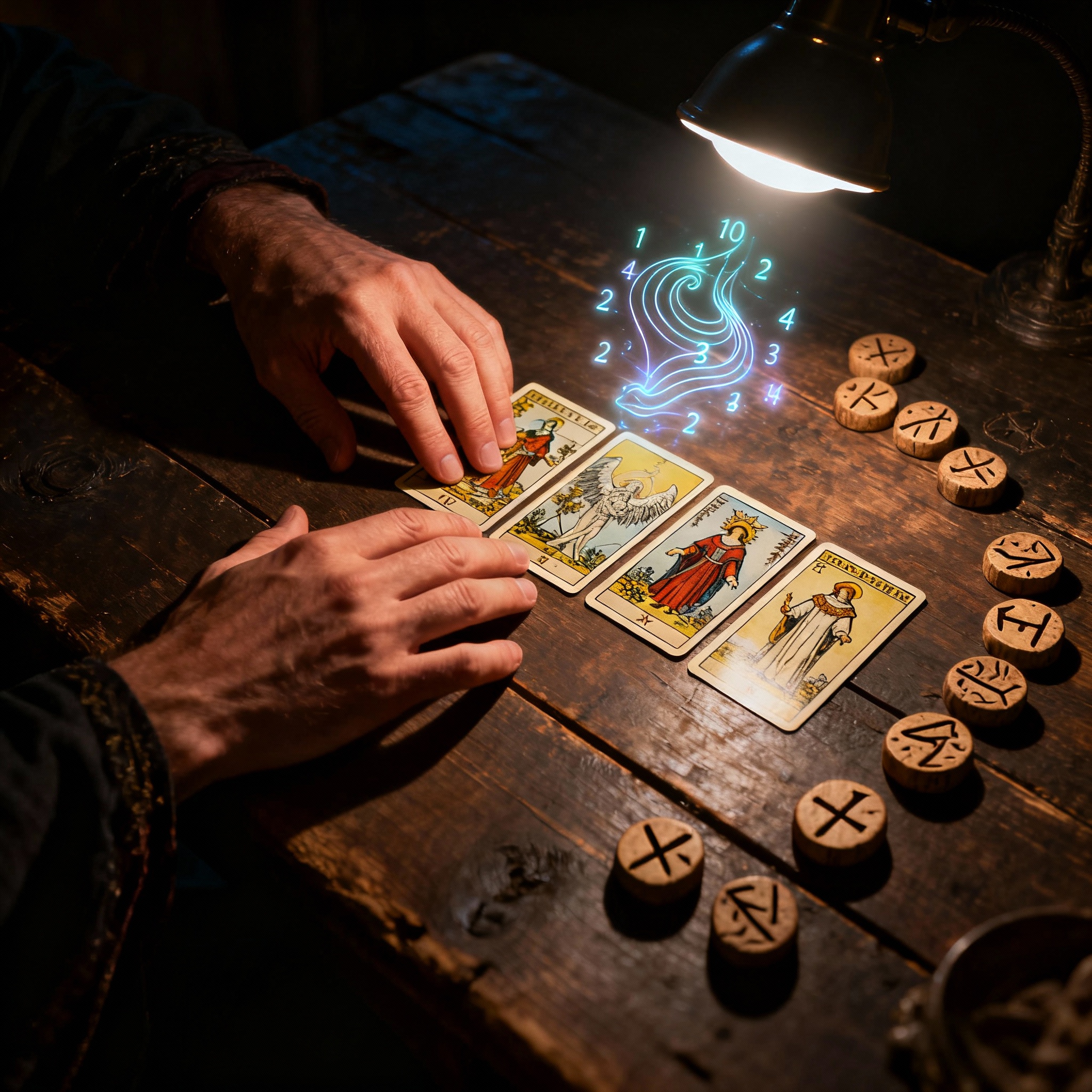A first-person view of a client watching a psychic's hands interpreting Tarot cards and runes on a table, with a subtle glow on the cards representing the fusion of data and insight.