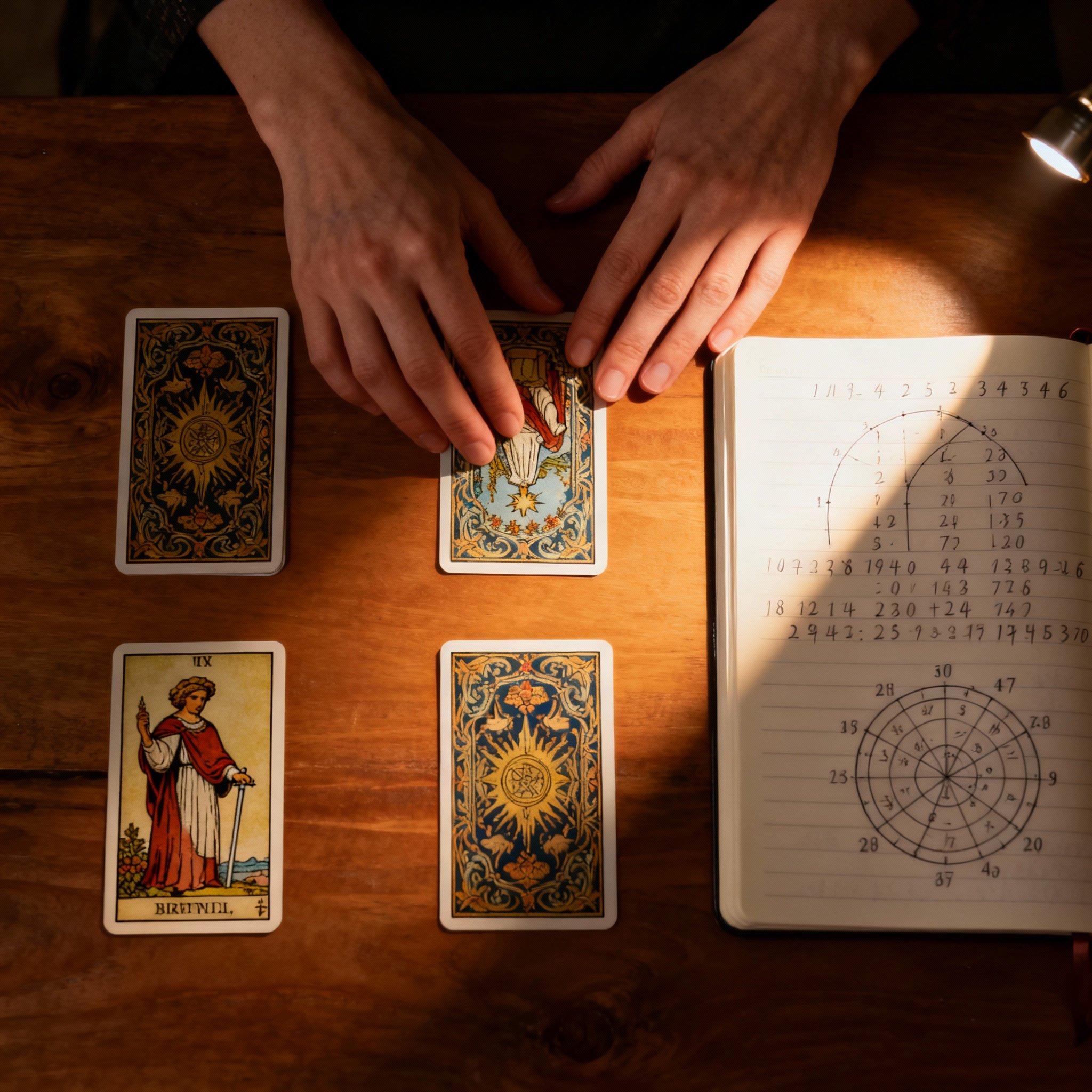 A close-up shot of a psychic's hands laying out tarot cards and a numerology chart on a wooden table, with soft light illuminating the intricate details, symbolizing clarity and insight.
