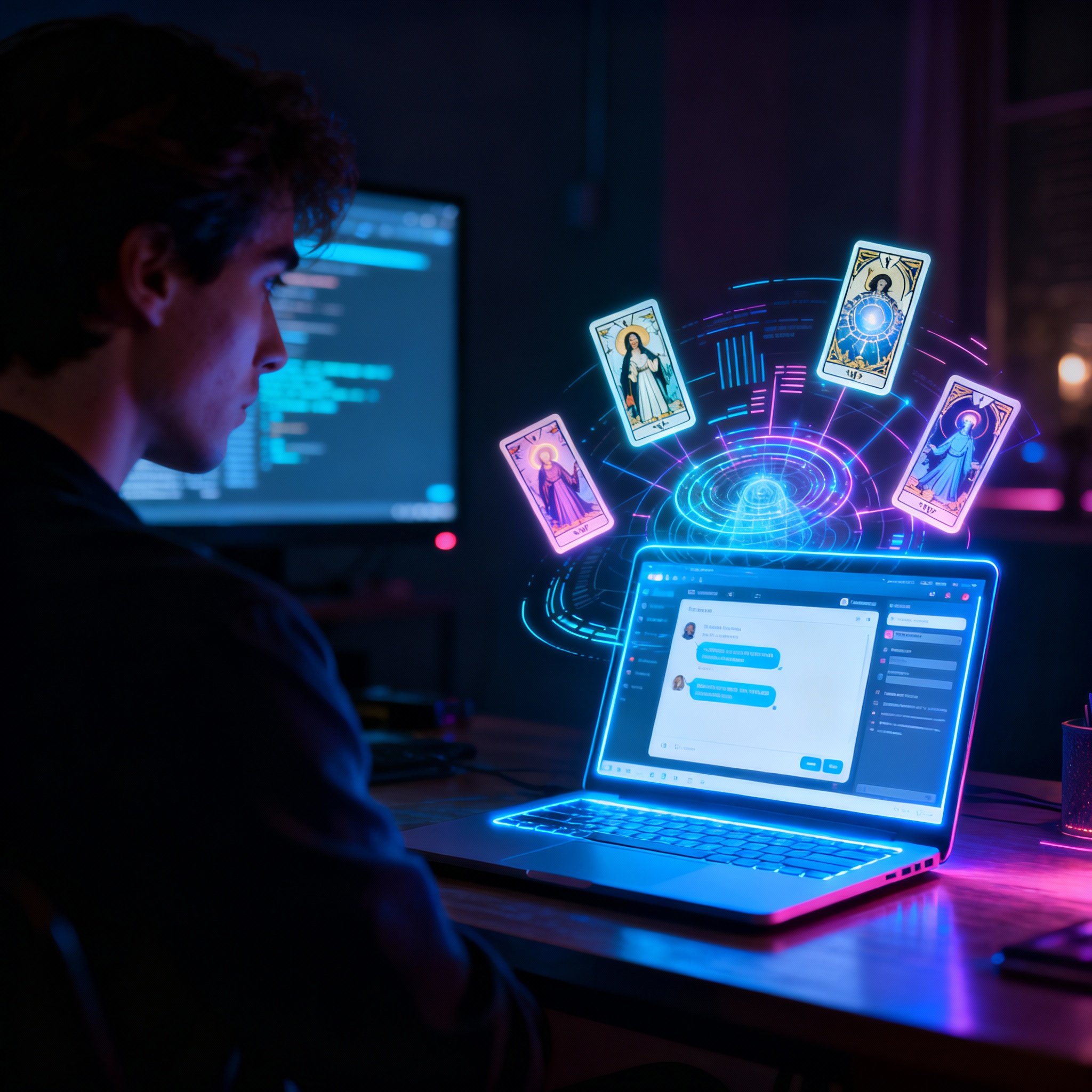 An abstract scene of a user at a computer during an online chat consultation. The screen displays a chat interface, flanked by floating charts representing data analysis and glowing cards representing intuition, illustrating the process of gaining insight.