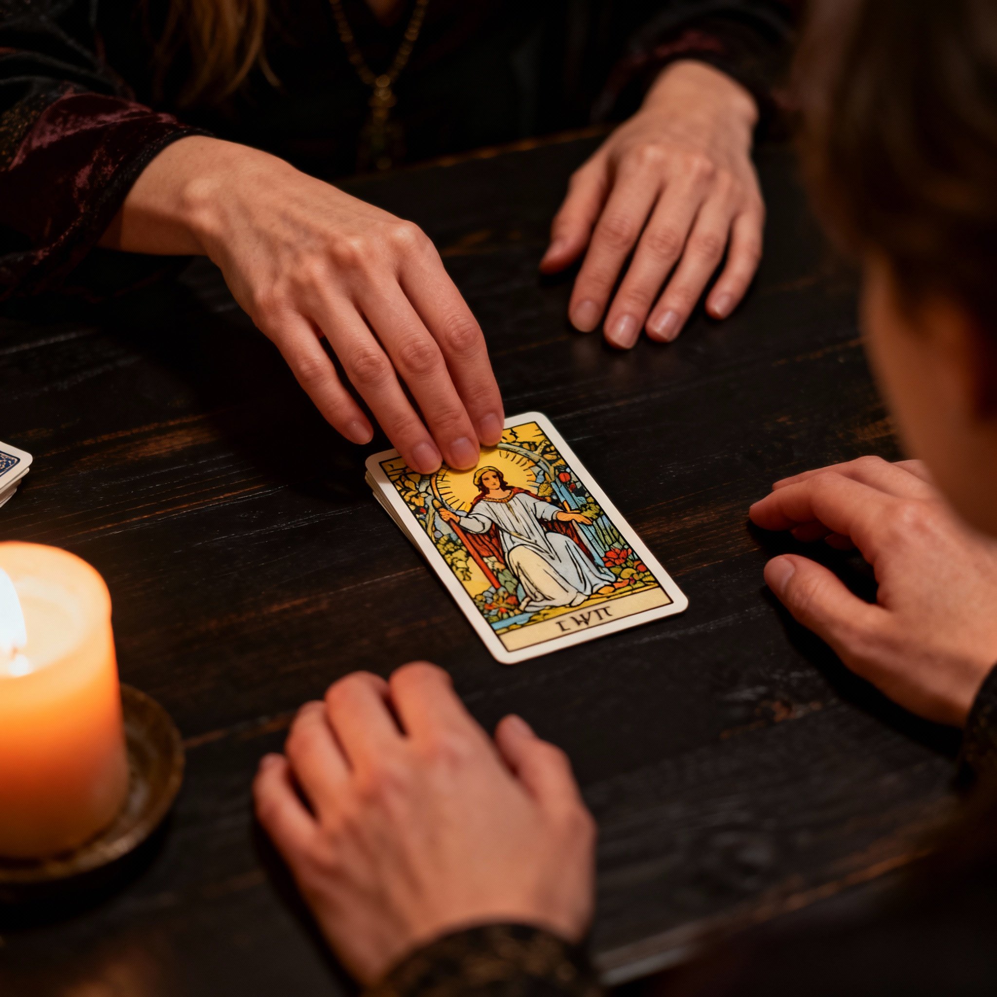 A close-up shot focusing on a psychic's hands laying tarot cards on a table next to a client's hands, filled with warm light and a focused atmosphere, symbolizing insight and guidance.