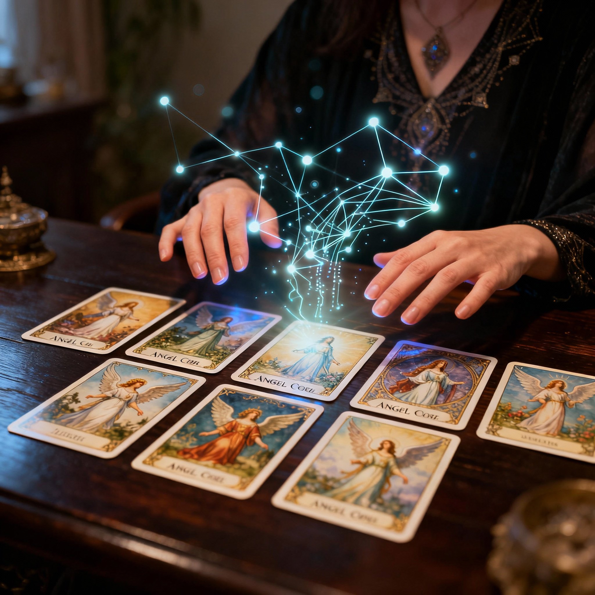 A view from the client's perspective, showing a psychic's hands resting gently on Angel cards on a table, while lines of light representing data and emotional connection flow through the air.